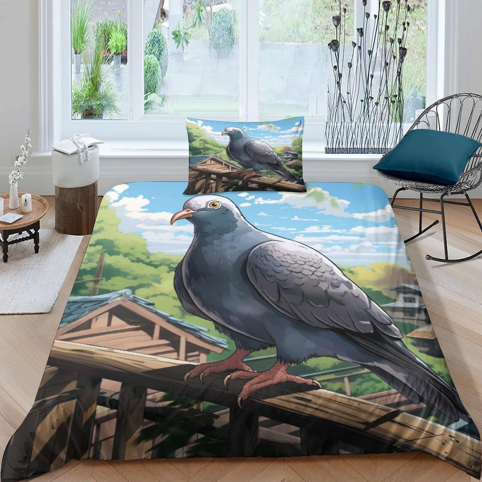 OPANZYYDE Wild Pigeon 3Pcs Bedding Set Printed Quilt Cover,3D Duvet Cover for Boys Adult, Microfibre, with Pillowcases Easy Care Microfiber Comforter Cover Hidden Zipper Single（135x200cm）
