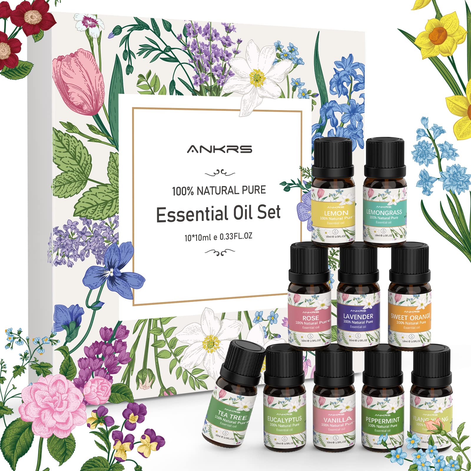 Set d'Huiles Essentielles 10x10ml 100% Naturelles pour Diffuseur d'Aromathérapie - Tea Tree Oil, Eucalyptus, Peppermint, Lemon, Orange, Lemongrass, Lavender, Rose, Ylang-Ylang, Vanilla