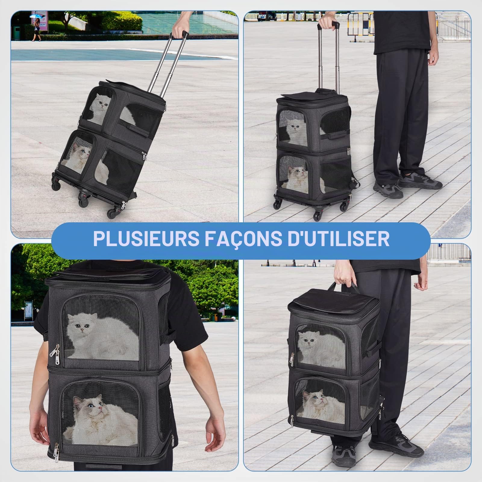Sac de Transport pour 2 Chats avec roulettes jusqu'à 12kg, Noir | 2 compartiments jusqu'à 6kg chacun, Séparateur amovible, Chariot et roues détachables, Mode sac à dos, 2 laisses de sécurité