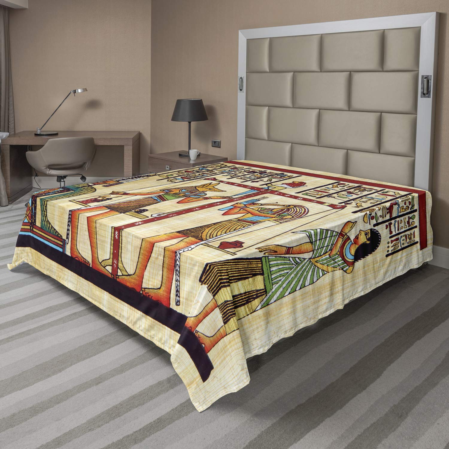 Lunarable Egyptian Print Flat Sheet, Papyrus Manuscript and Historical Scenery Picture, Soft Comfortable Top Sheet Decorative Bedding 1 Piece, King Size, Multicolor