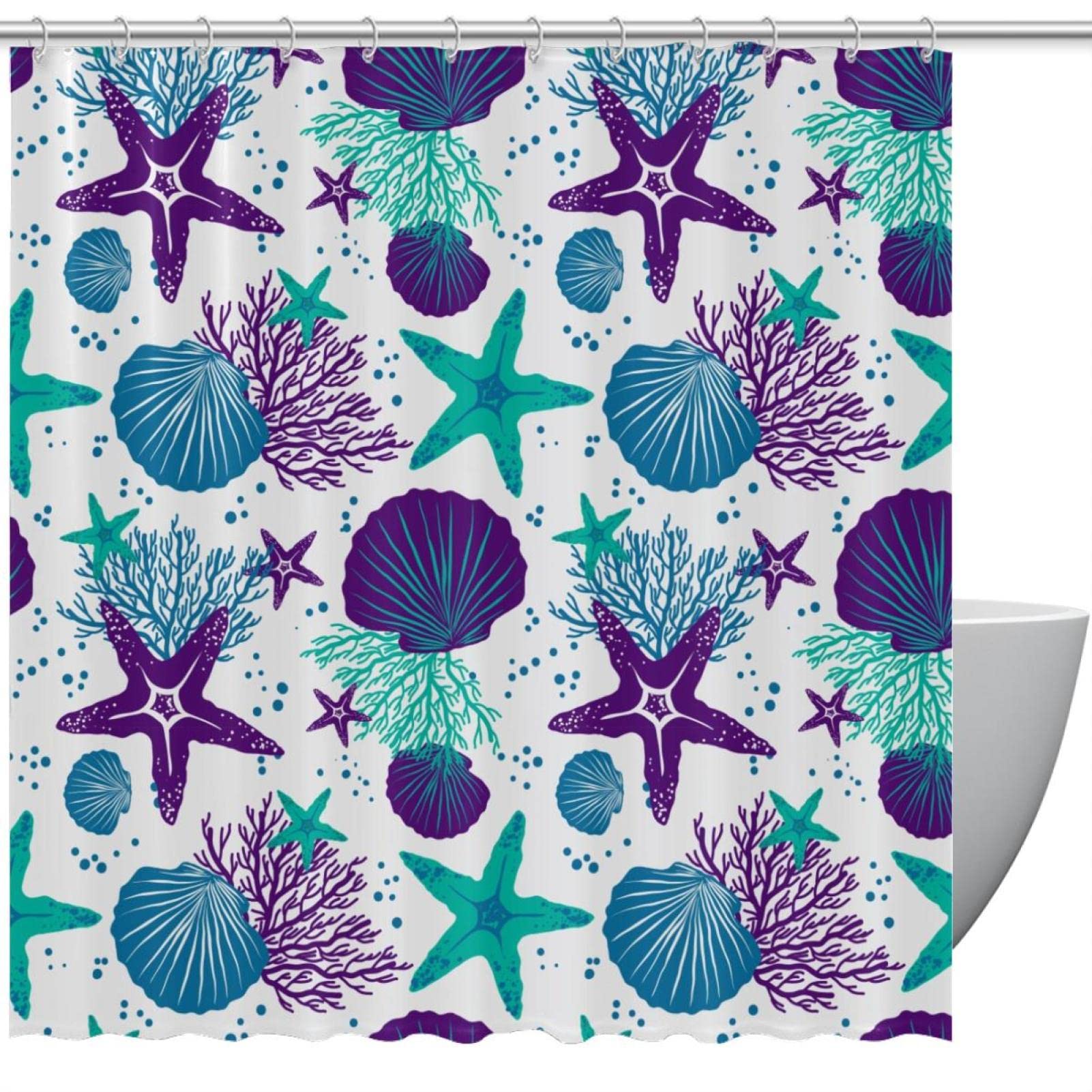 Rideau de douche violet et vert au motif coquillages de mer tissu résistant 183 cm