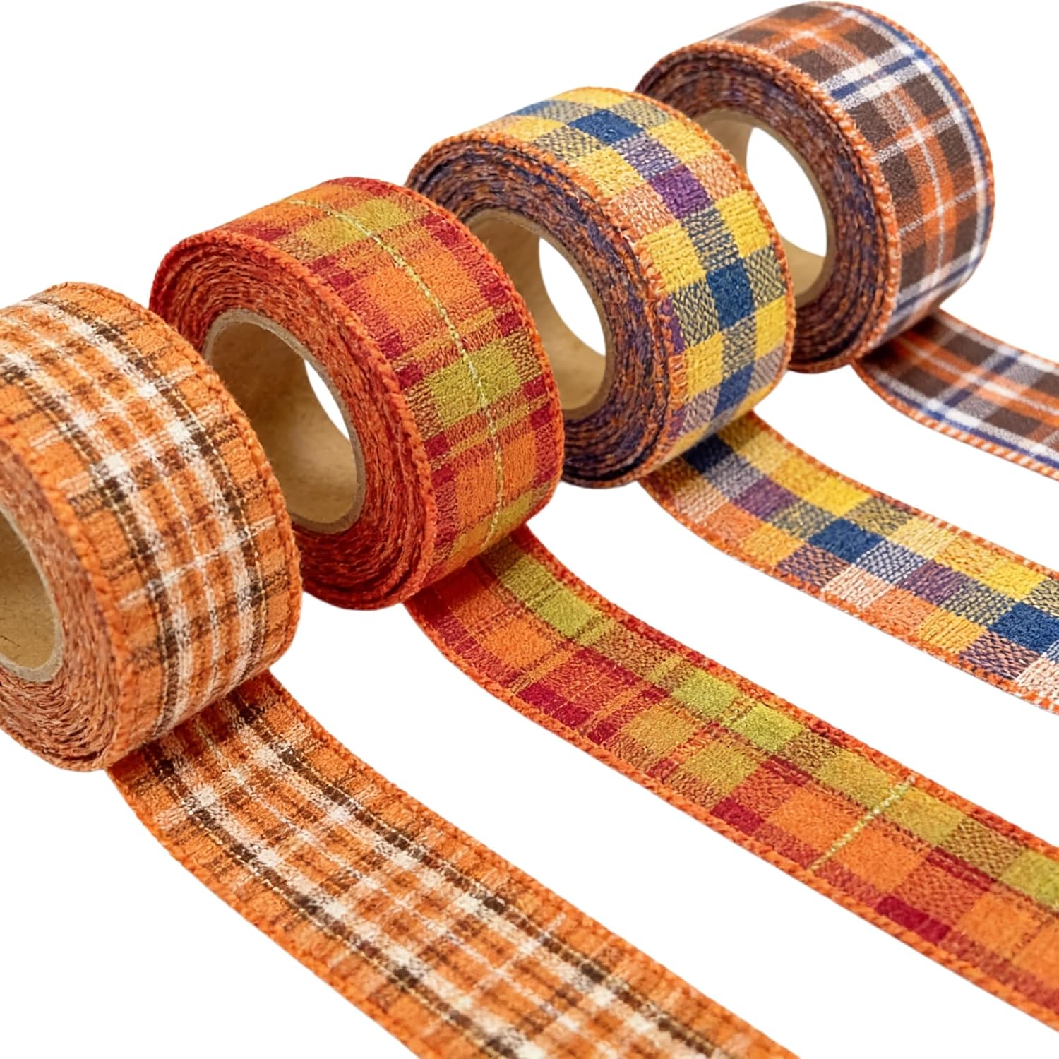 Meseey 1.5 Inch Fall Plaid Wired Ribbon Set, 4 Rolls Total 40 Yards Assorted Orange Plaid Wired Edge Ribbon for Wreaths, Bows, Gift Wrapping, Thanksgiving & Halloween Decor (FPRS001)
