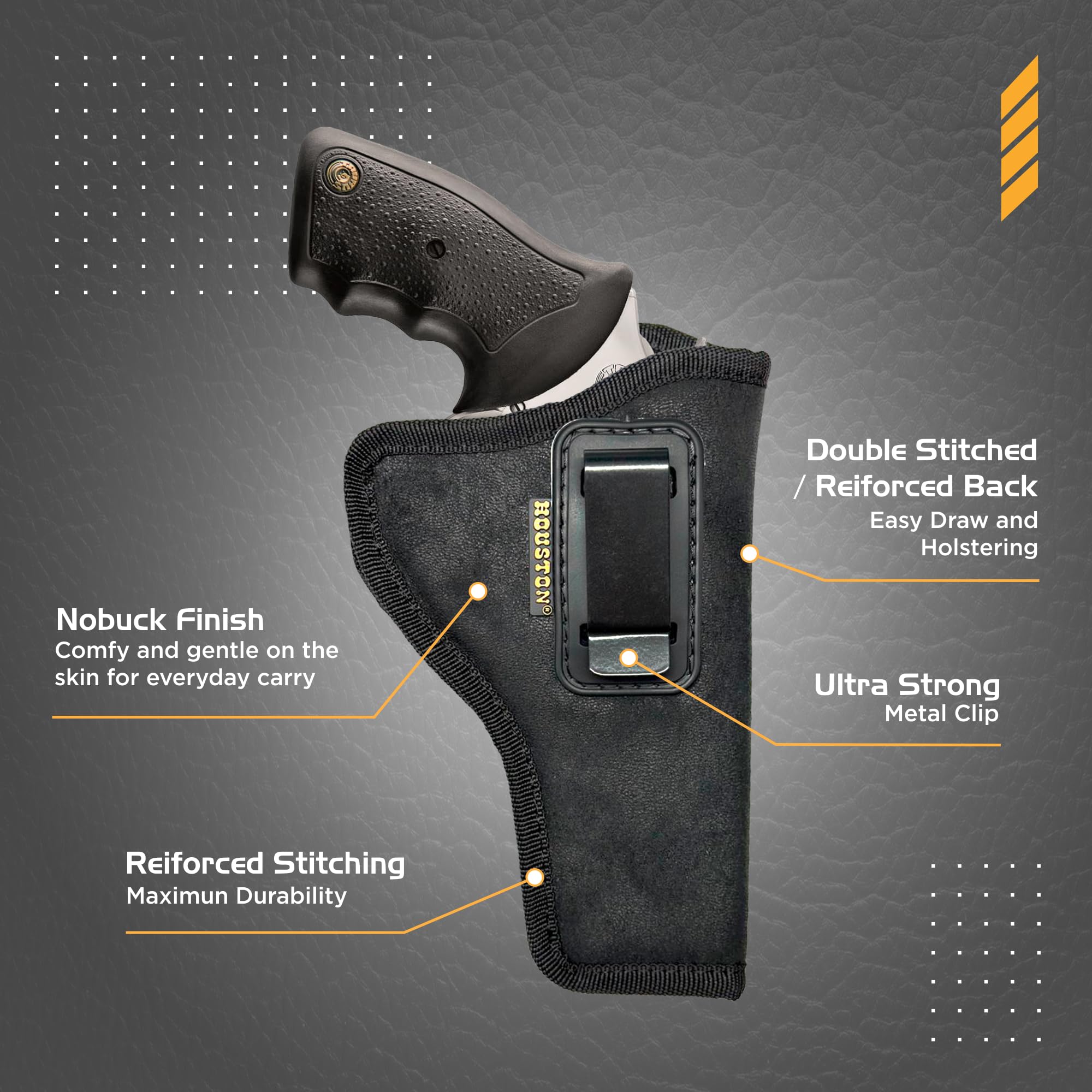 IWB - Houston Gun Holsters - Nobuck Faux Leather Concealed Carry - Revolvers K, L, M & N Frames, Taurus Jugde, 5 & 6 Shots, 3.5 to 4.5¨ BRL (Right)