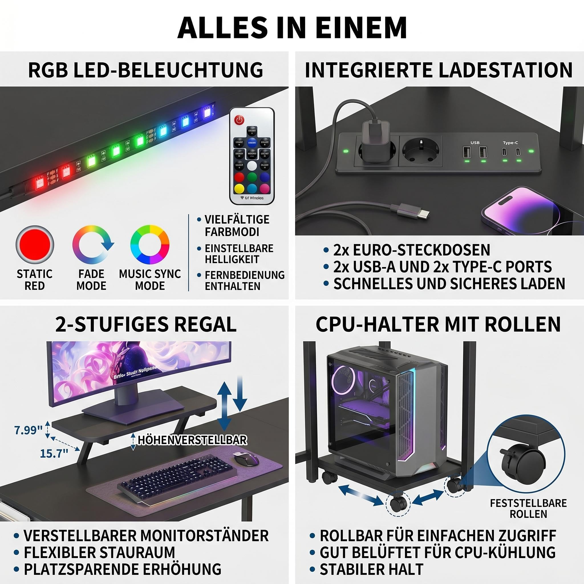 Garvee L-Förmiger Eckschreibtisch mit LED-Beleuchtung & Steckdosen,124 cm Computertisch mit 2-Stufigem Regal &Monitorständer,Gaming Schreibtisch mit CPU-Halter & Kopfhörerhaken für Home Office,Schwarz