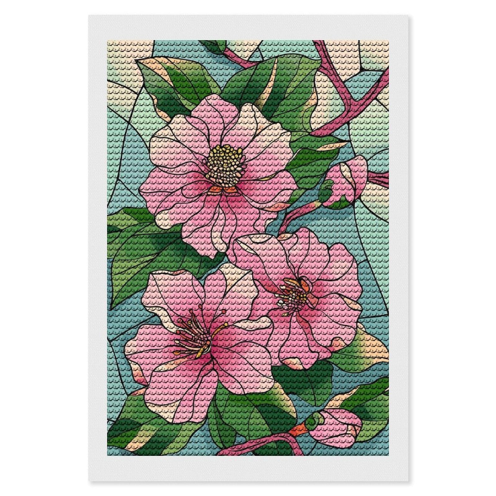 Junmoney Stained Glass Pink Flowers and Leaves Diamond Painting Canvas Kit 8"x12", Adhesive Canvas, Living Room Decor, Farmhouse Decor, Winter Craft