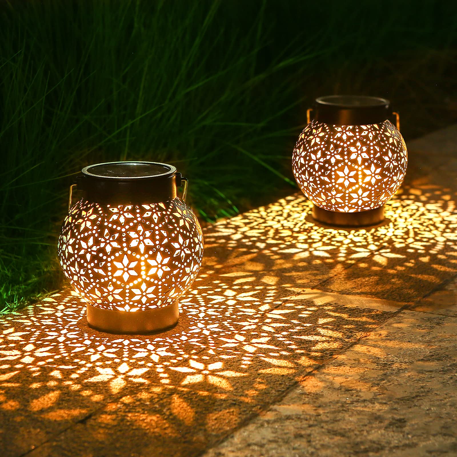 Lanterna solare per esterni, 2 pezzi, IP65, impermeabile, in metallo, per esterni, da appendere, da giardino, a LED, luce bianca calda, per esterni, balcone, Natale, colore nero