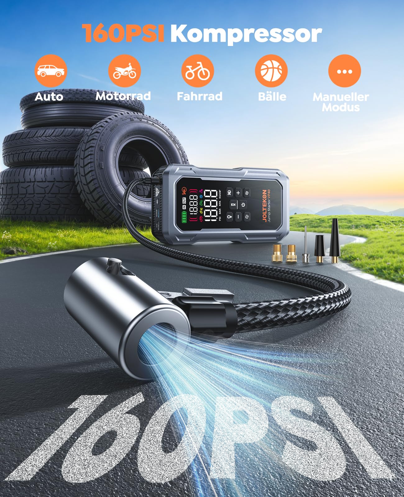 7000A Auto Starthilfe Powerbank für Pkw, Starthilfe für Alle Benzin und 12,0L Diesel, Starthilfe Powerbank mit Gebläse und 160PSI Kompressor, Starthilfe mit 800 Lumen LED Leuchte und 3,3'' LCD Display