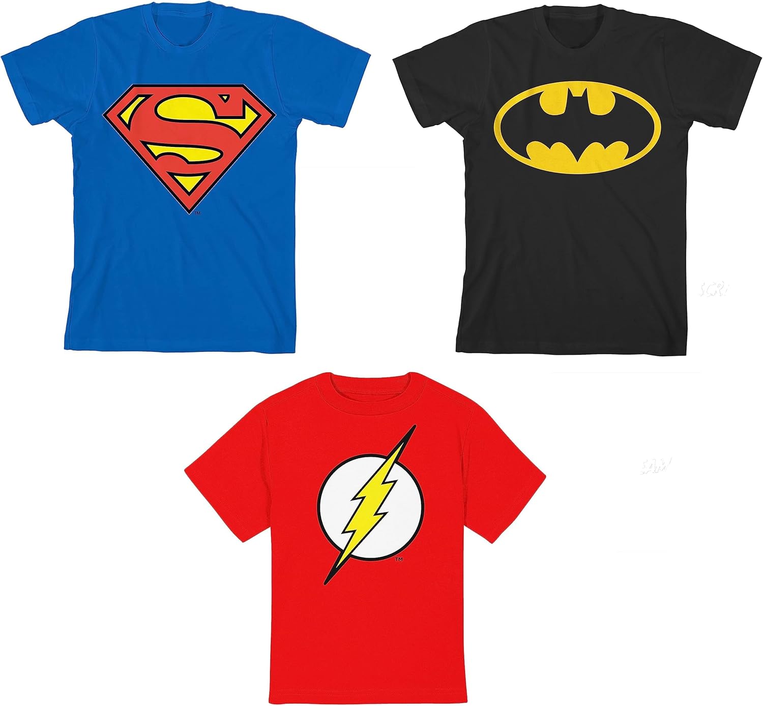 DC Superhero Batman Superman Flash Logos Youth 3-Pack Crew Neck Short Sleeve T-Shirts