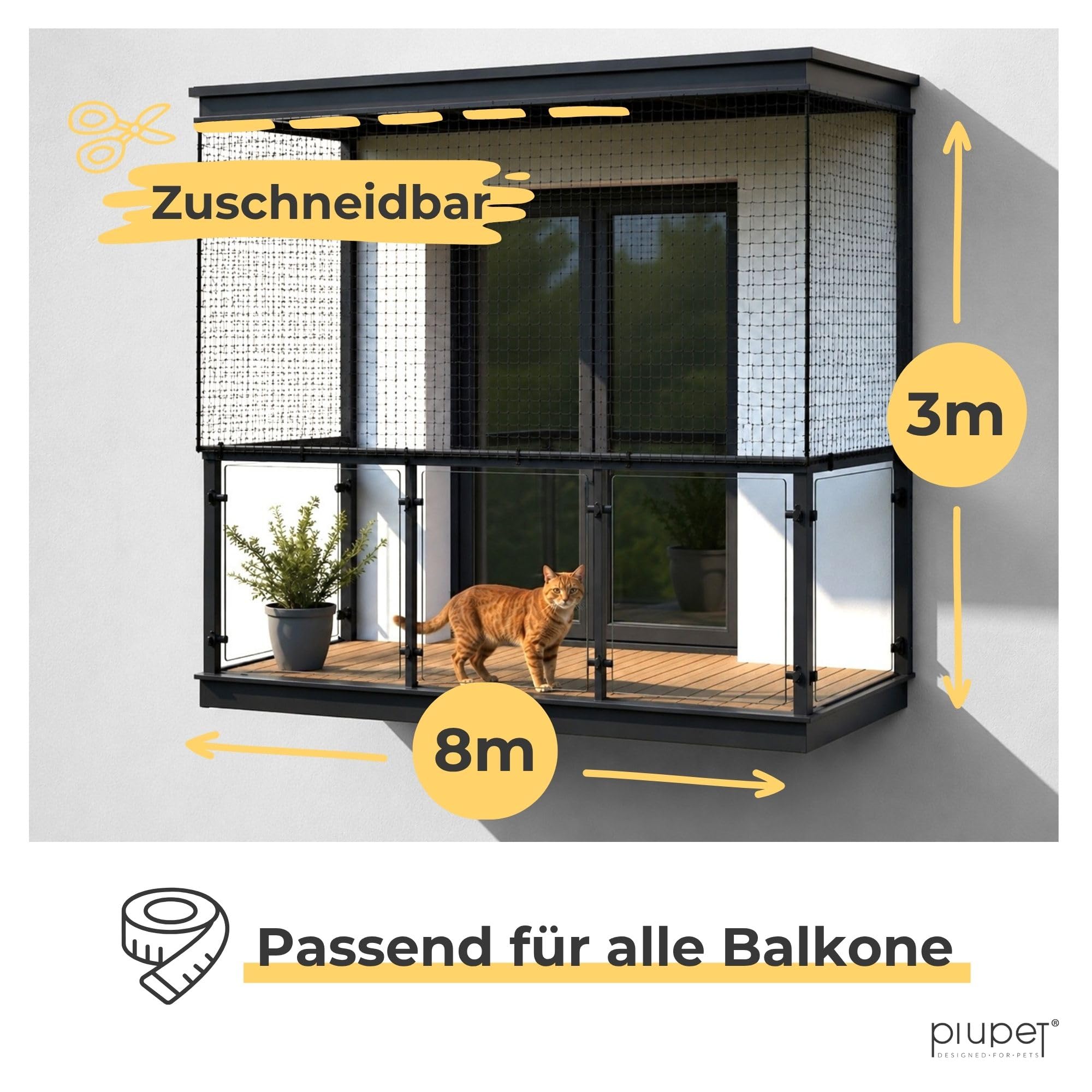 PiuPet® Katzennetz Drahtverstärkt I 8x3m I schwarz I Befestigungsset inklusive I Katzennetz für Balkon | Katzengitter Fenster | Katzen Fensterschutz