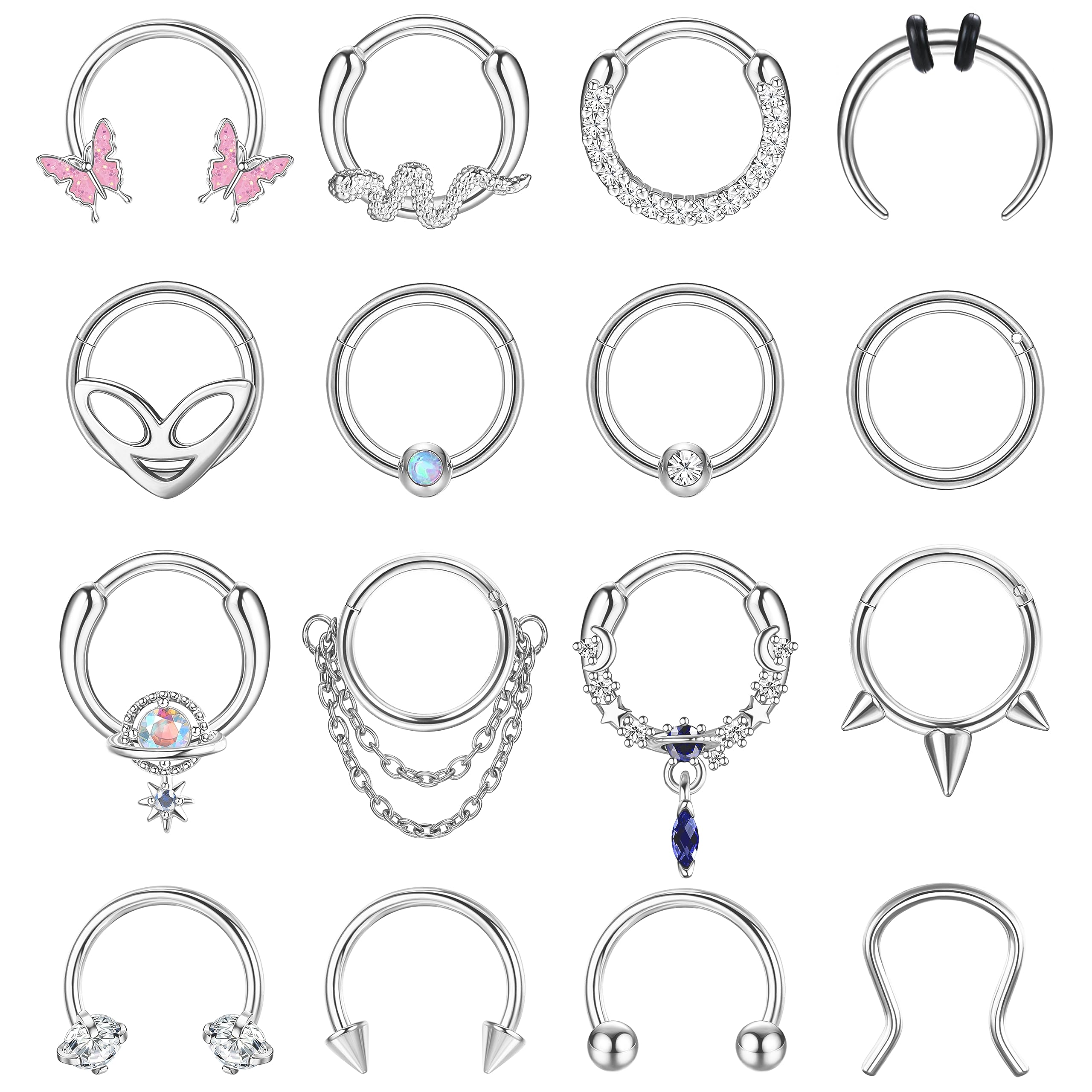 LOYALLOOK 16Pcs 16G Septum Rings Hoop for Women Men Surgical Steel Dangle Septum Jewelry Septum Clicker Horseshoe Nose Rings Hoop Hinged Segment Daith Helix Tragus Cartilage Earrings Piercing