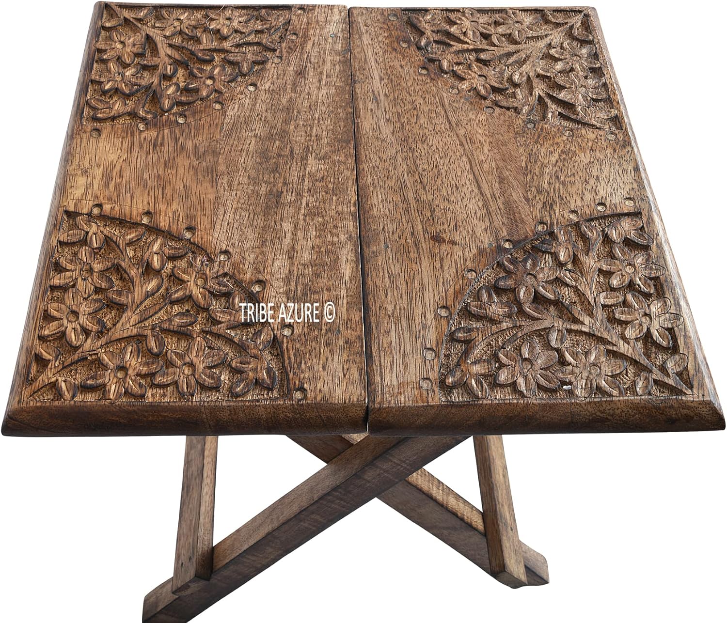 Tribe Azure Fair Trade Hand-Carved Folding Altar Table - Mango Wood Meditation Puja Shrine, Small 12x12 Side Table Floral