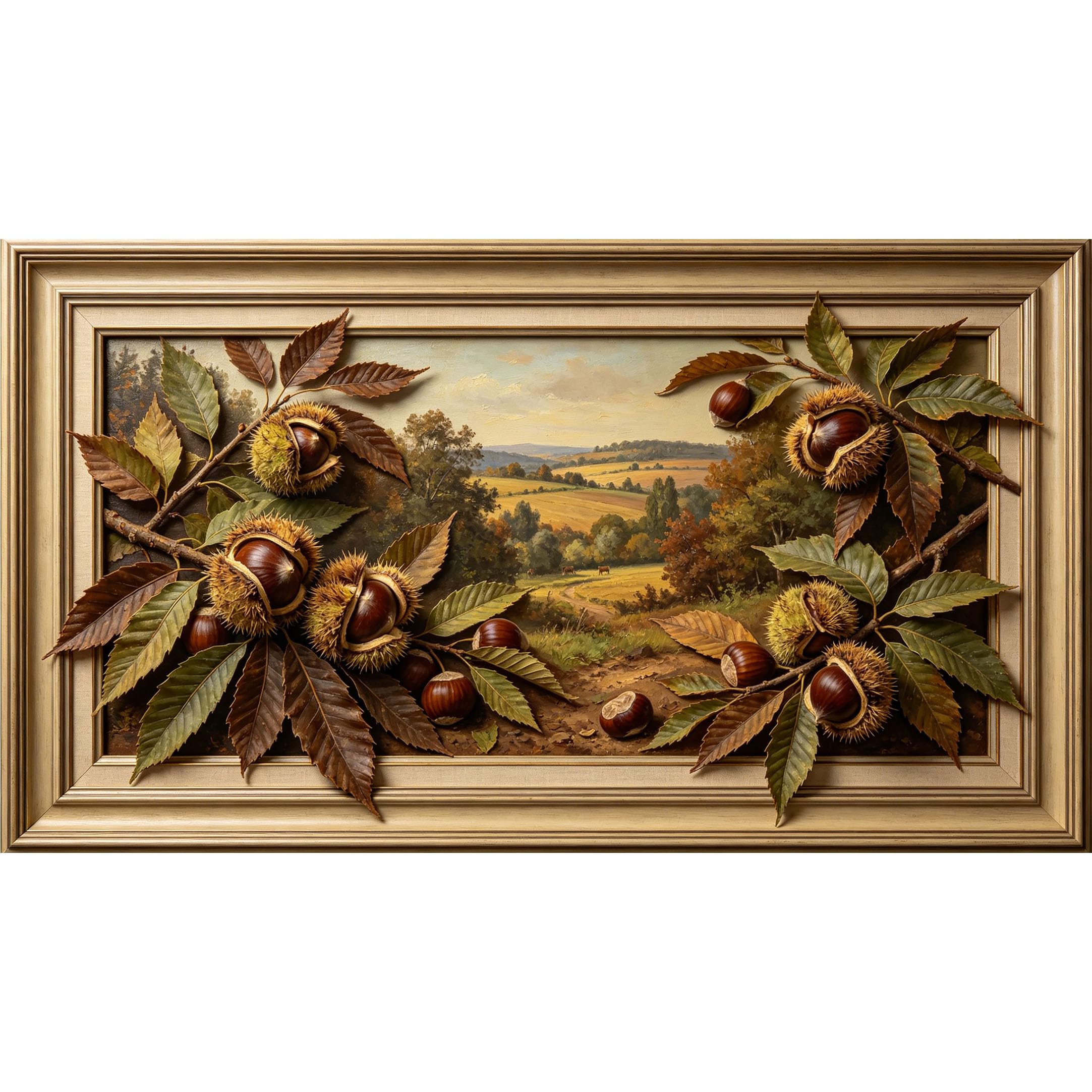 QZLITHOTIC 50×90cm3D Framed Wall Art， Chestnut Harvest Farmhouse Landscape Self?Adhesive Mural， Water?Activated Peel & Stick Fabric Decor Wall Decal for Bedroom Living Room