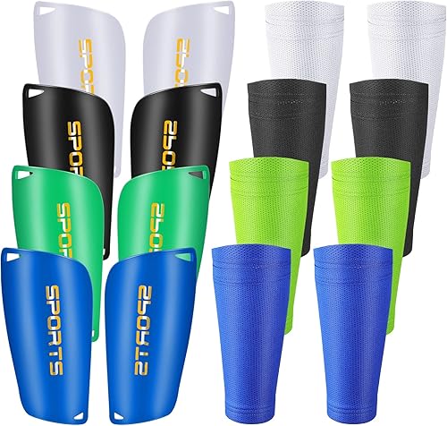 Espinilleras de fútbol para niños, 8 pares de espinilleras y mangas de fútbol de 4 colores a granel para jóvenes, protección de cojín de EVA para