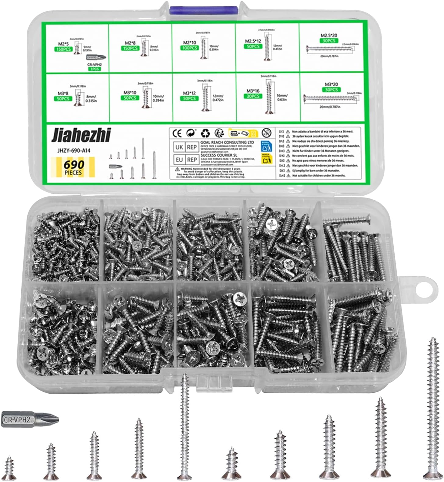 – 690 Pcs M2 M2.5 M3 Self-Tapping Flat Head Screws, Versatile Assorted Pack for Wood, Chipboard, Drywall & Concrete Fixings - Rust-Resistant, Perfect for Home Repairs & DIY Projects