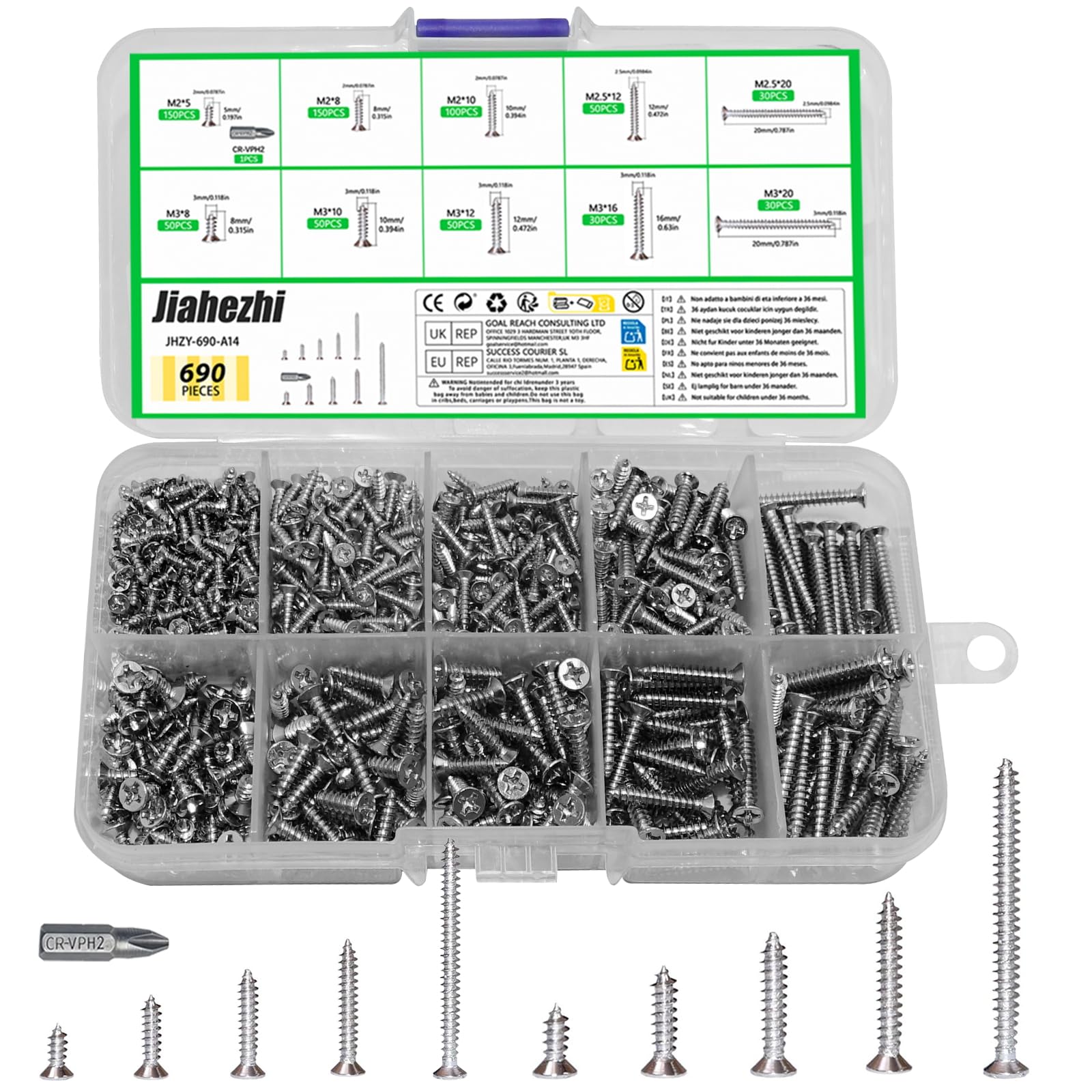 690 Pcs M2 M2.5 M3 Self-Tapping Flat Head Screws, Versatile Assorted Pack for Wood, Chipboard, Drywall & Concrete Fixings - Rust-Resistant, Perfect for Home Repairs & DIY Projects