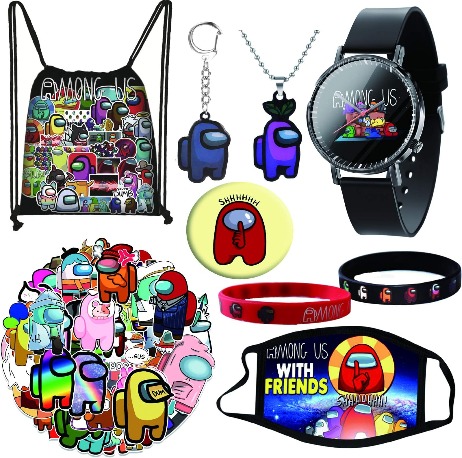 Among Game Us Drawstring Bag Gifts Set for Fans, Including Drawstring Bag, Watch, Badge, Face Protection, 50Pcs Stickers, Necklace, Bracelet, Keychain