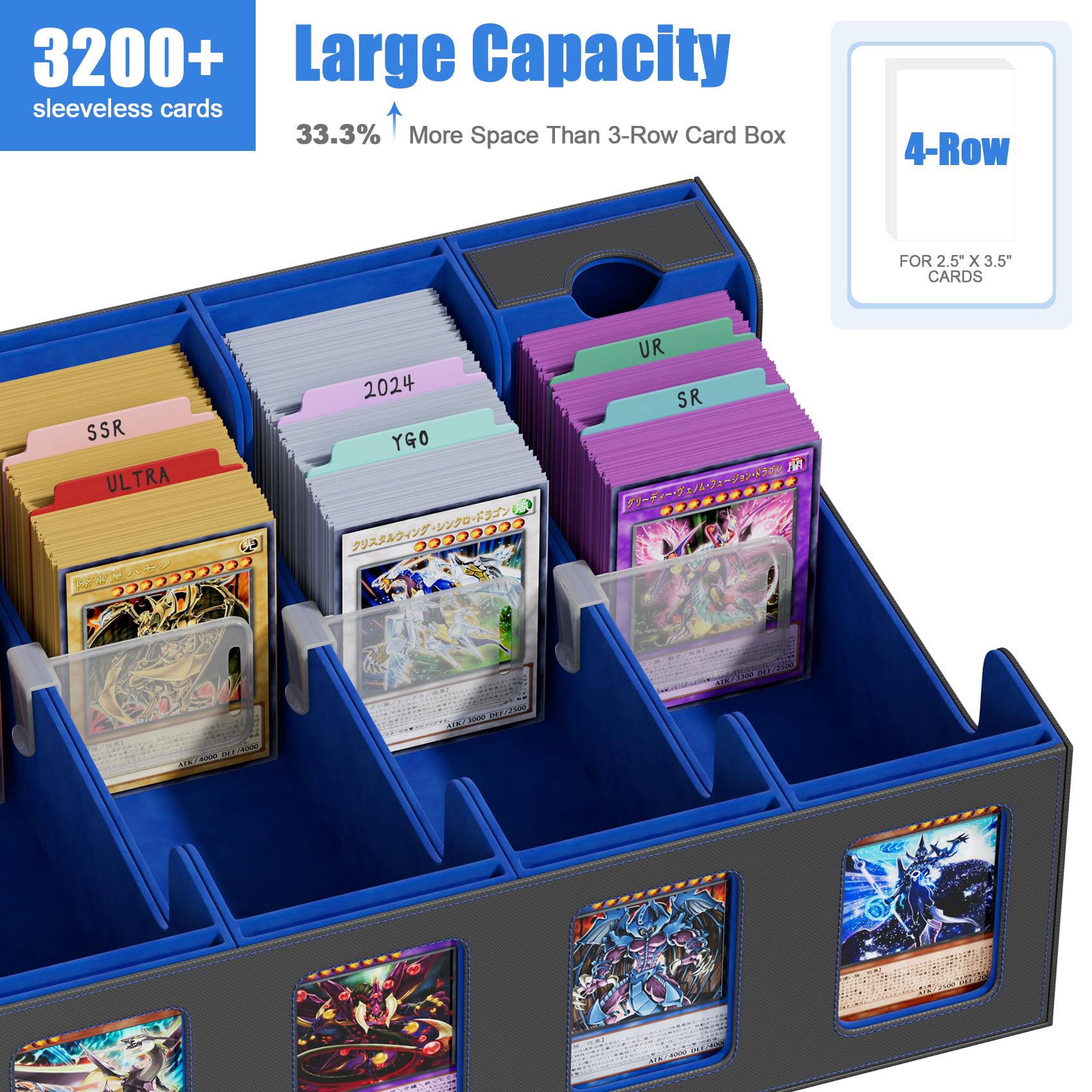 Bearfire Card Storage Box for 3200+ Trading Card Storage Box w/ 4 Rows, 24 Colorful Dividers & 8 Viewing Windows, Commander Deck Box Compatible with Magic: The Gathering, MTG and Other TCGs