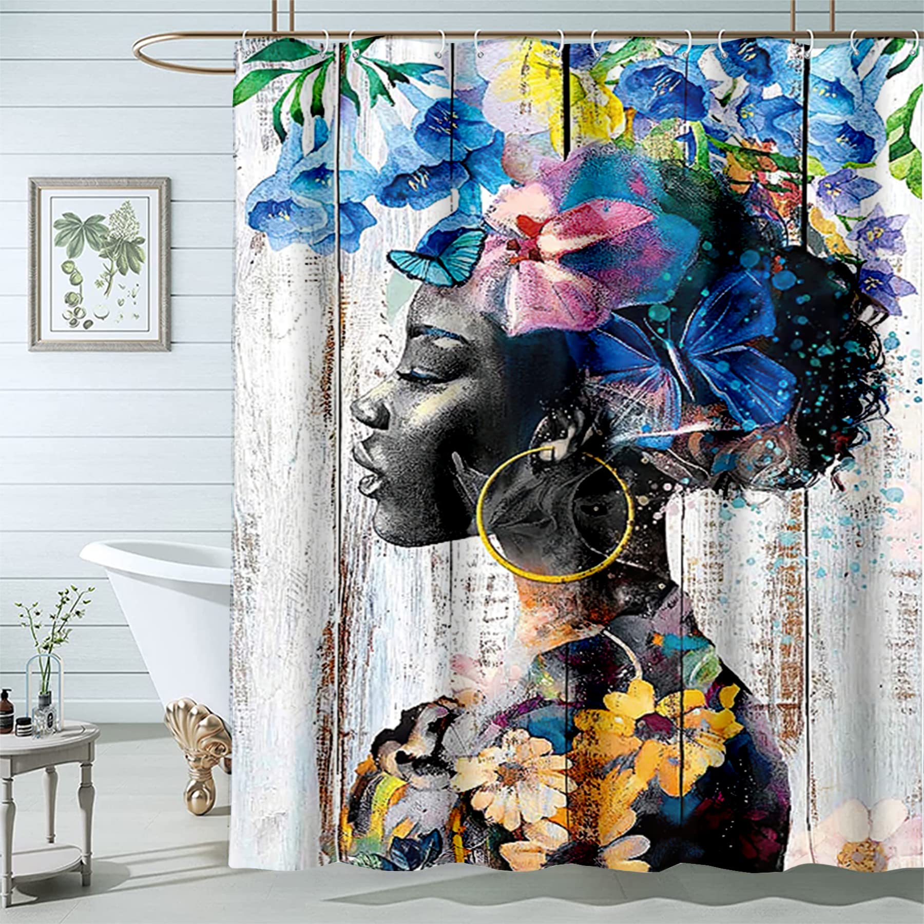 Famiffty Black Girl Shower Curtain,African American Shower Curtains 72Wx72L Inch Black Woman Butterfly Afro Lady Blue Floral Colorful Wood Bathroom Decor Waterproof Polyester Fabric 12 Hooks