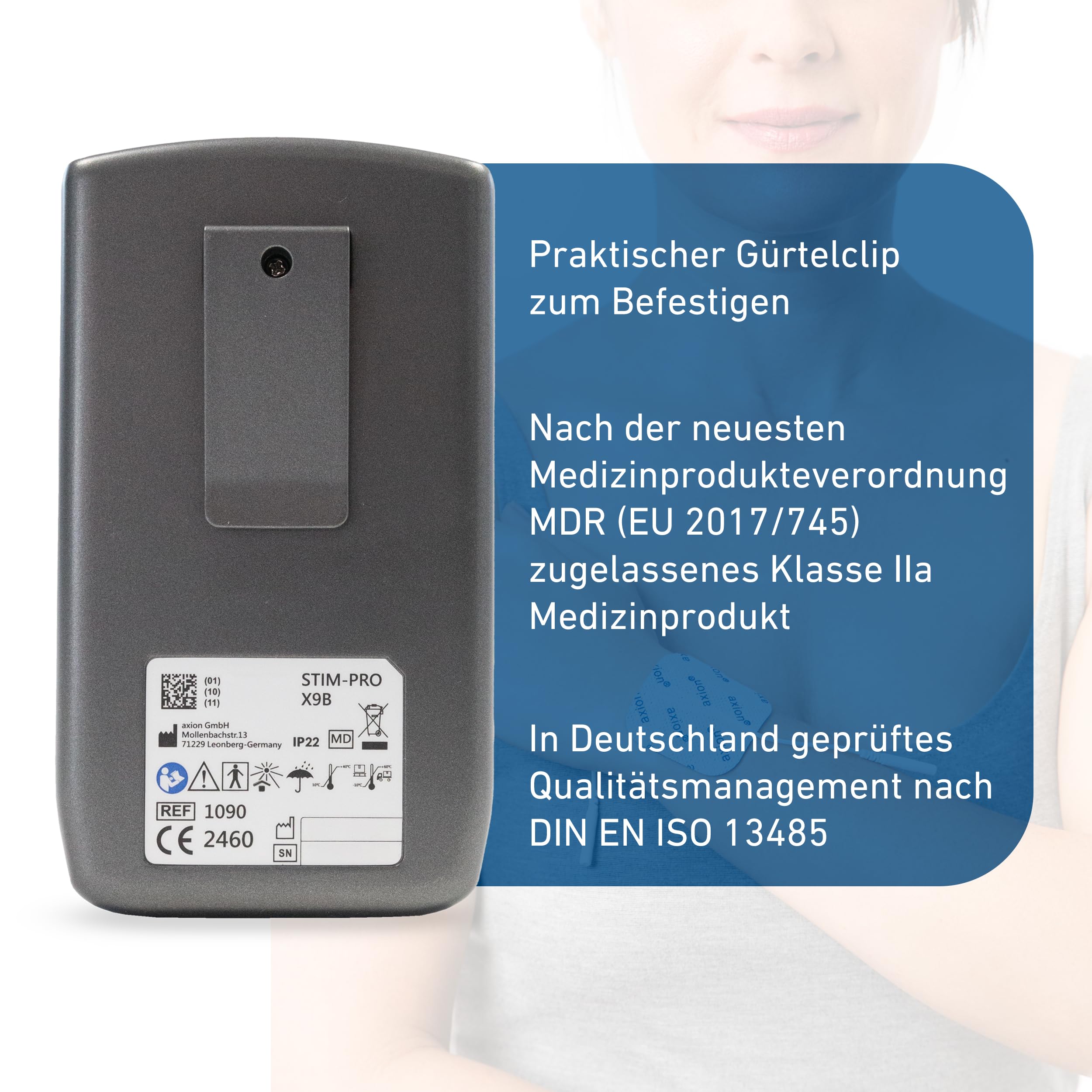axion® TENS-EMS Kombigerät STIM-PRO X9B. Medizinprodukt MDR Zertifiziert | 4 Kanäle im Set mit 8x 5x5cm, 4x 10x5cm, + Spezial Elektroden-Pads & Kontaktspray. Schmerztherapie, Muskelaufbau & Massage