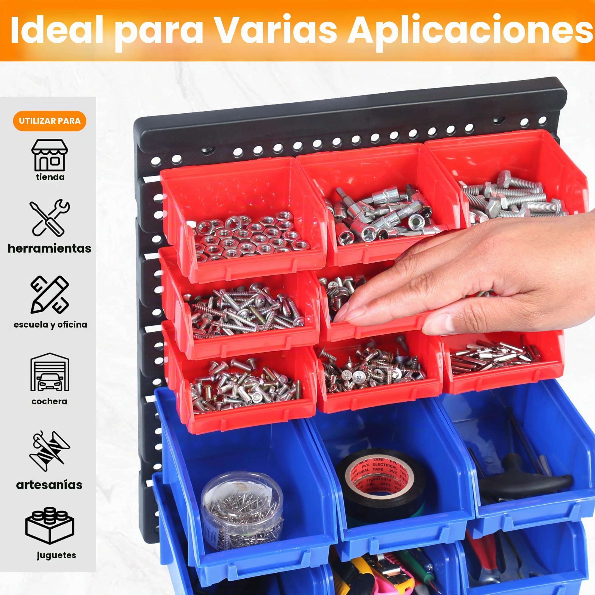 MaxWorks 80694 80694-Estante de Montaje en Pared contenedores para Tus Tuercas, Pernos, Tornillos, Clavos, Cuentas, Botones, Otras Piezas pequeñas, Azul y Rojo, 30 Bin