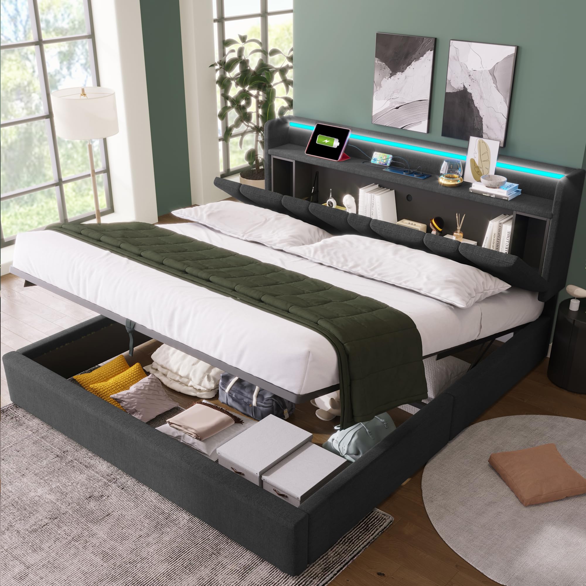 4ft6 Double Bed Frame with Hydraulic Lift, LED Adjustable Headboard with Charging Station & Concealed Storage Headboard, Linen Upholstered Functional Ottoman Storage Bed with Slats, No Mattress, Grey