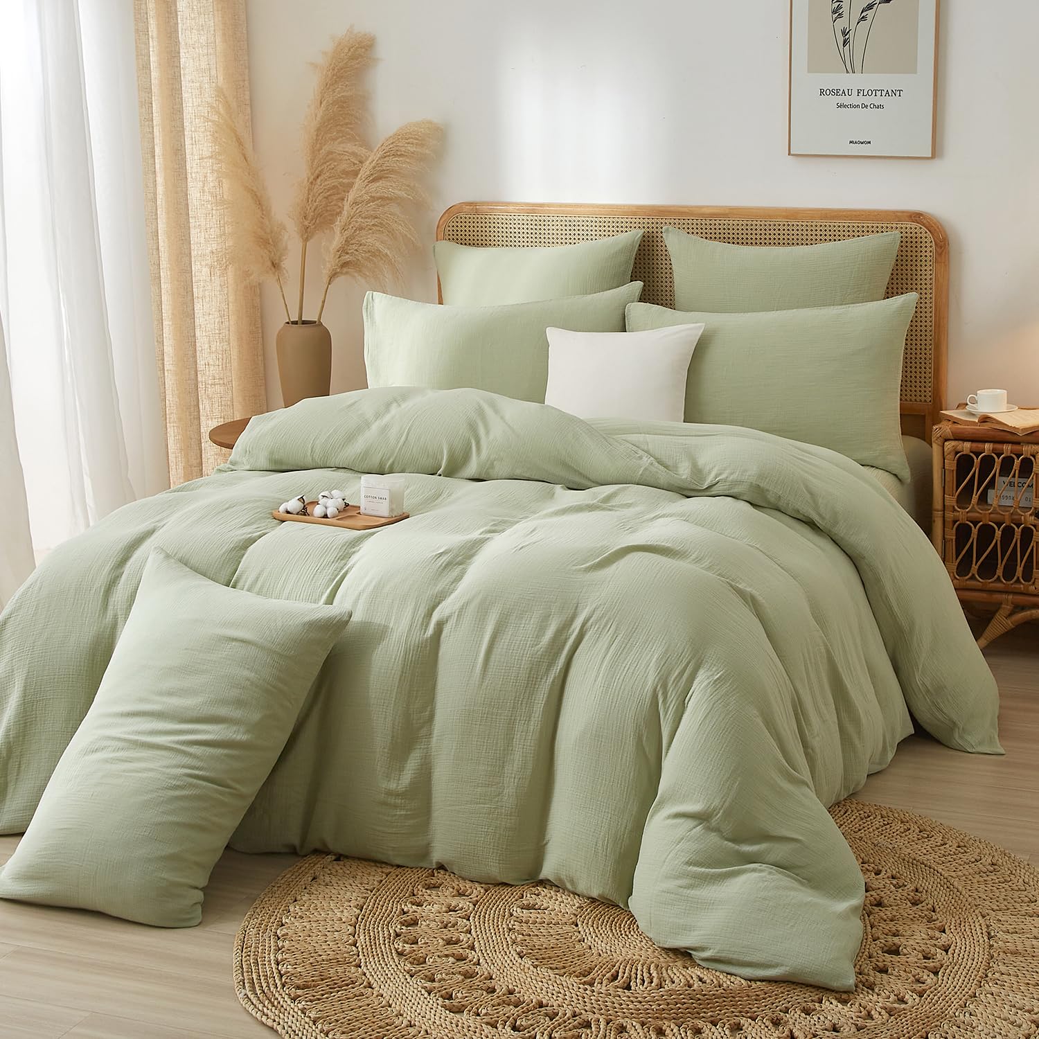 Luowei Muslin Bettwäsche 135x200 cm Baumwolle Grün Doppelte Bettwäsche Set Natürlich Atmungsaktiv Schweiß 100% Baumwolle Bettbezug für Nachtschweiß mit 1 kopfkissenbezug 80x80cm