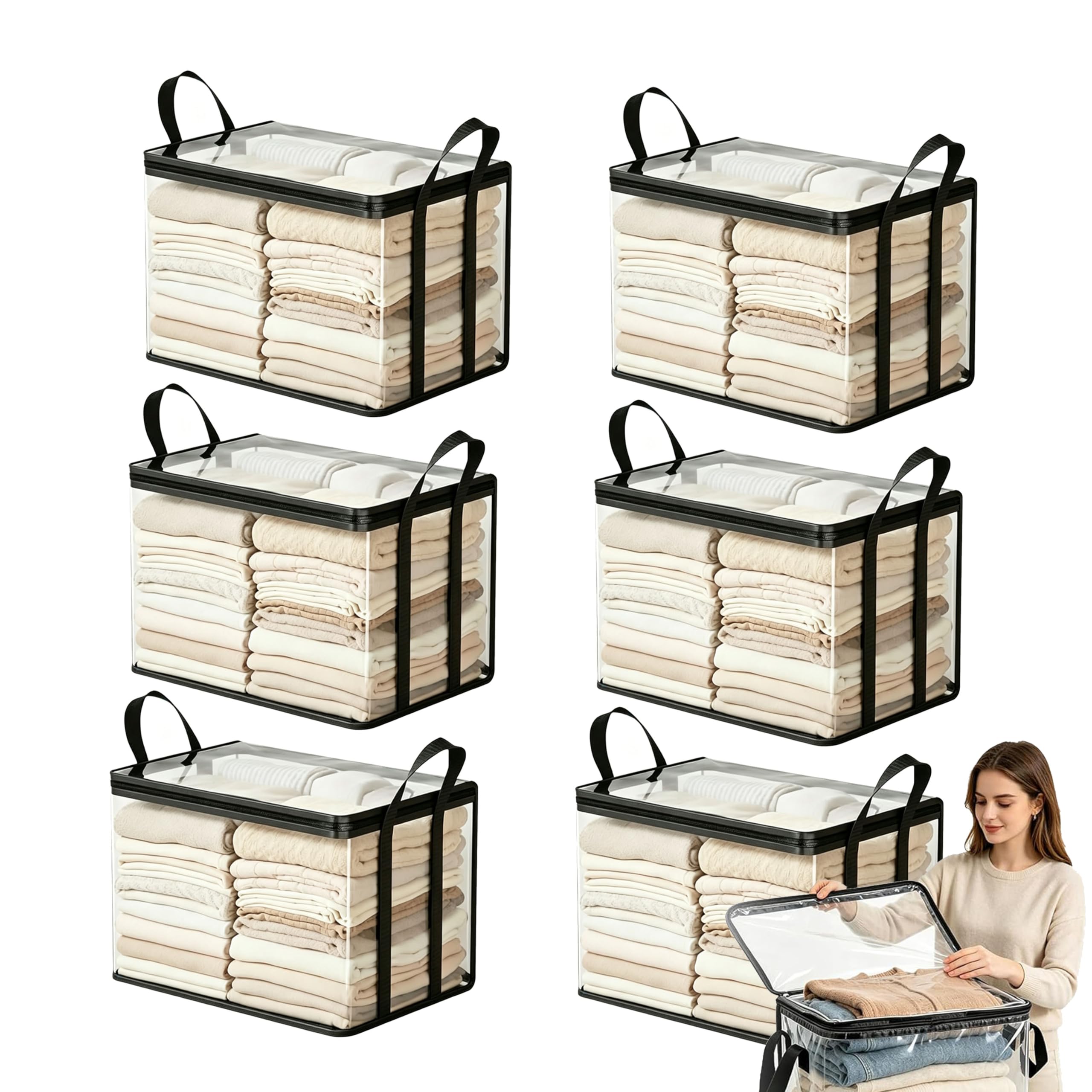 Large Heavy-Duty Thick Plastic Clear Storage Bag for Clothes, Plastic Storage Box with Hinged Lid, Heavy-Duty Durable High Capacity Organizer, Perfect for Home, Travel, Attic and Moving (6, Black)