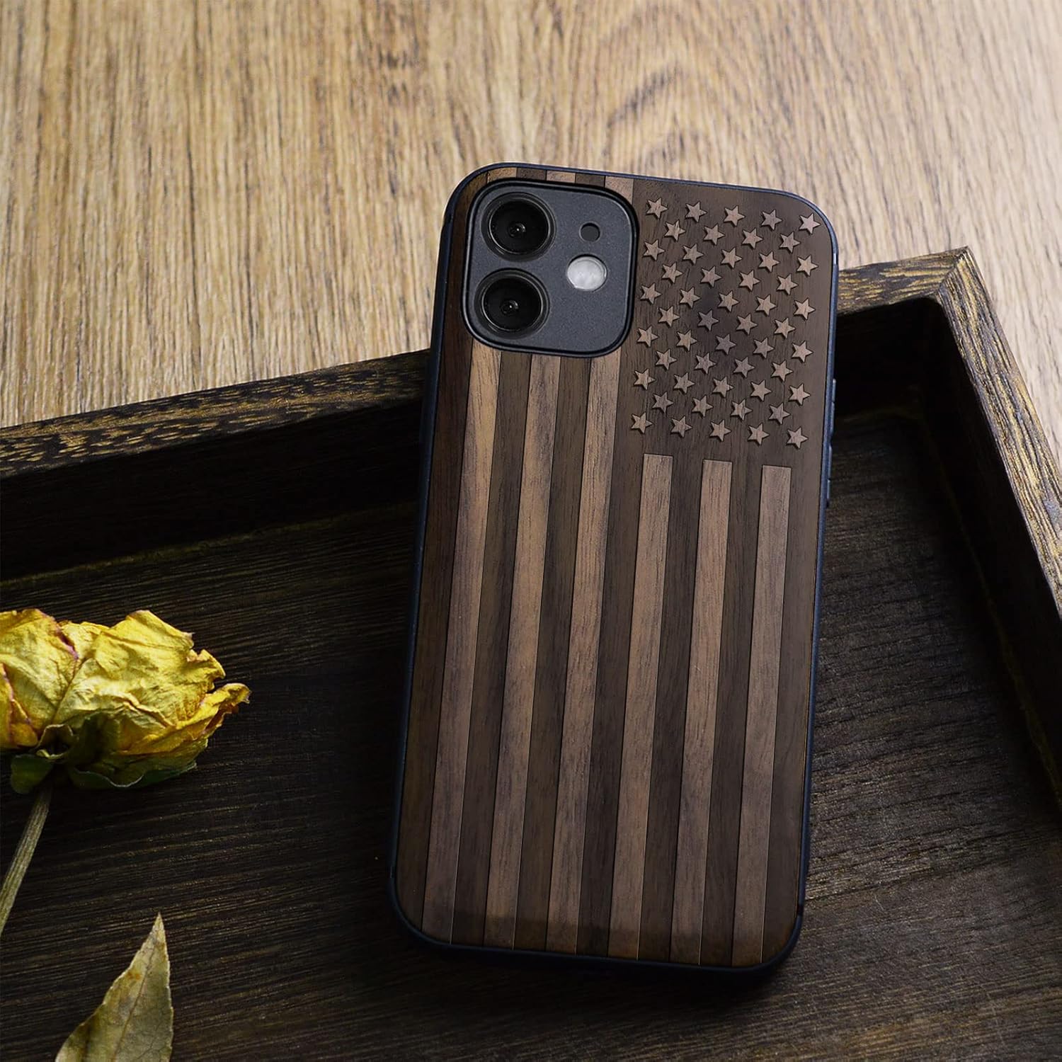 Carveit Magnetic Wood Case for iPhone 12 Case [Natural Wood & Black Soft TPU] Shockproof Protective Unique & Classy Wooden Cover Compatible with MagSafe (American Flag -Walnut)