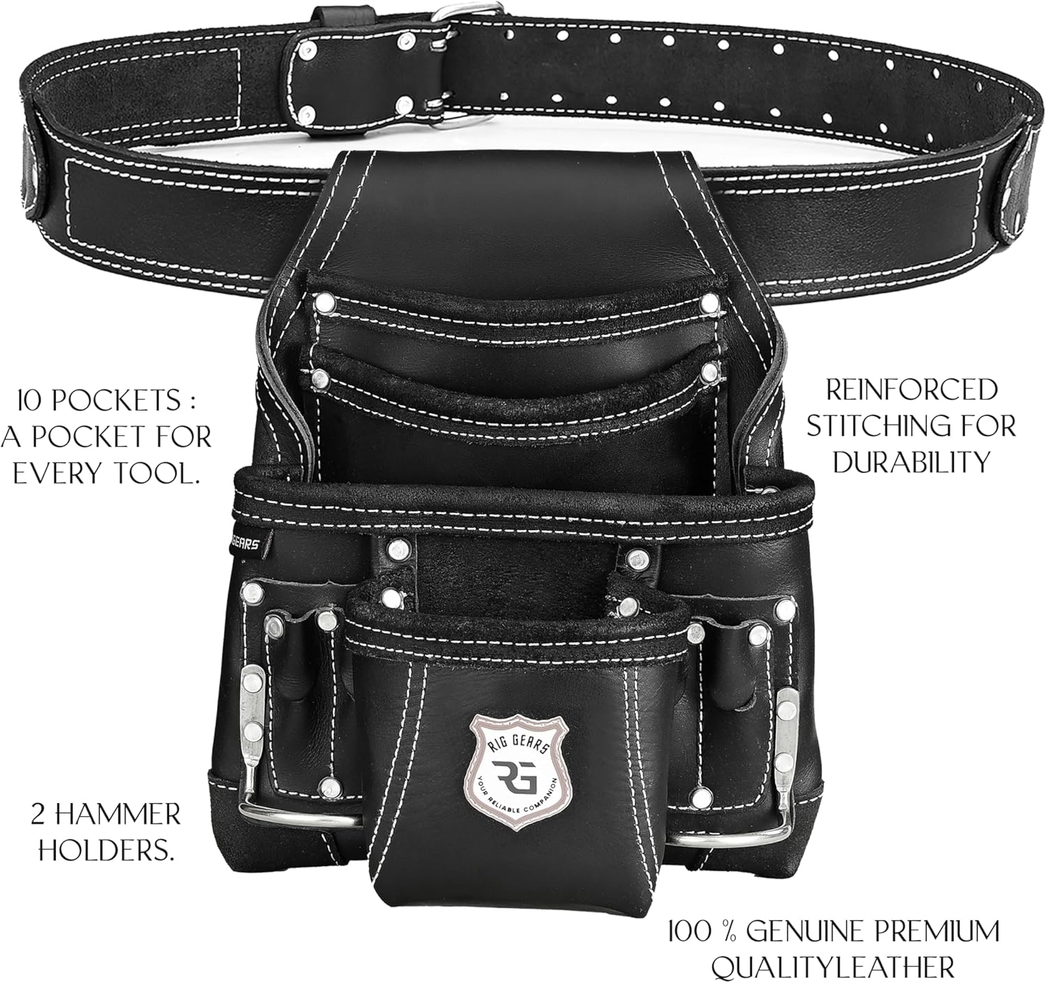 Leather Tool Belt for Electrician Tool Pouch Bags|10 Pocket Carpenter Tools,Construction,Framers,Electrician Tool Belt Pouches|2X Metal Hammer Holder|Heavy Duty Leather Tool Pouch