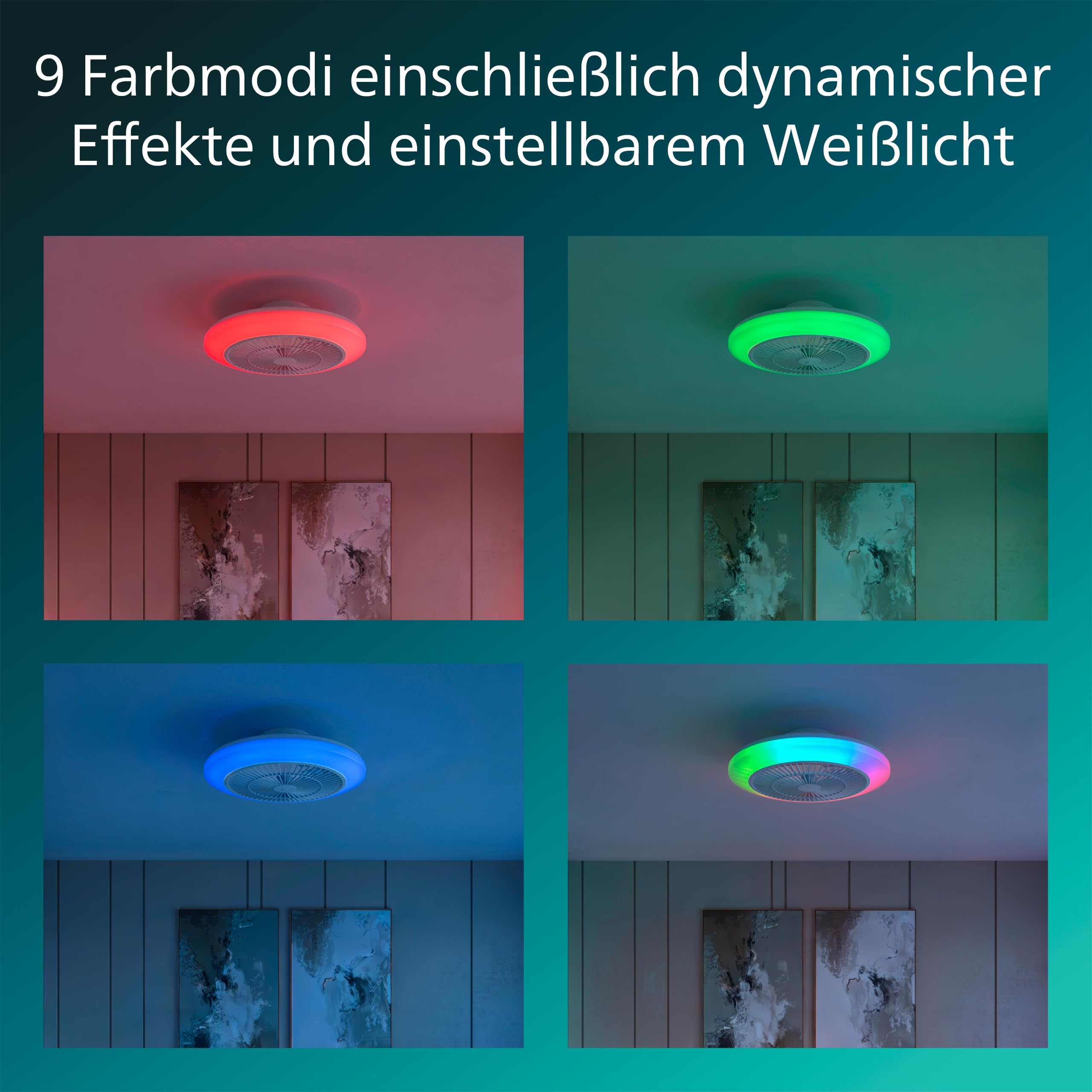 Lampa z wiatrakiem Philips Amigo LED, Zakrzywione Łopatki w Bezpiecznej Podwójnej Obręczy, Średnica 48 cm, 4400 Lumenów, Pełna Paleta Kolorów i Regulowana Barwa 2700–6500 K, 6 Prędkości, Pilot, Biały