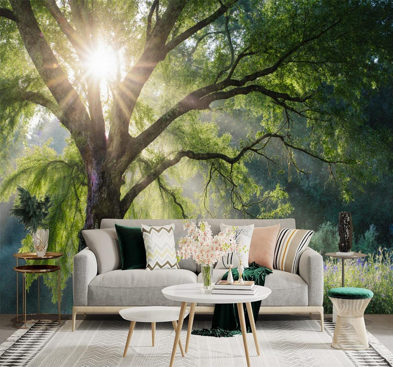 Xlming 400Cm×280Cm(B×H) Sunlight Green Trees Forest Wildflowers Morning Mist 3D Wallpaper Silky Texture Home Study Office Grey Dining Room Sofa Bedroom Living Room Tv Backdrop-400Cm×280Cm