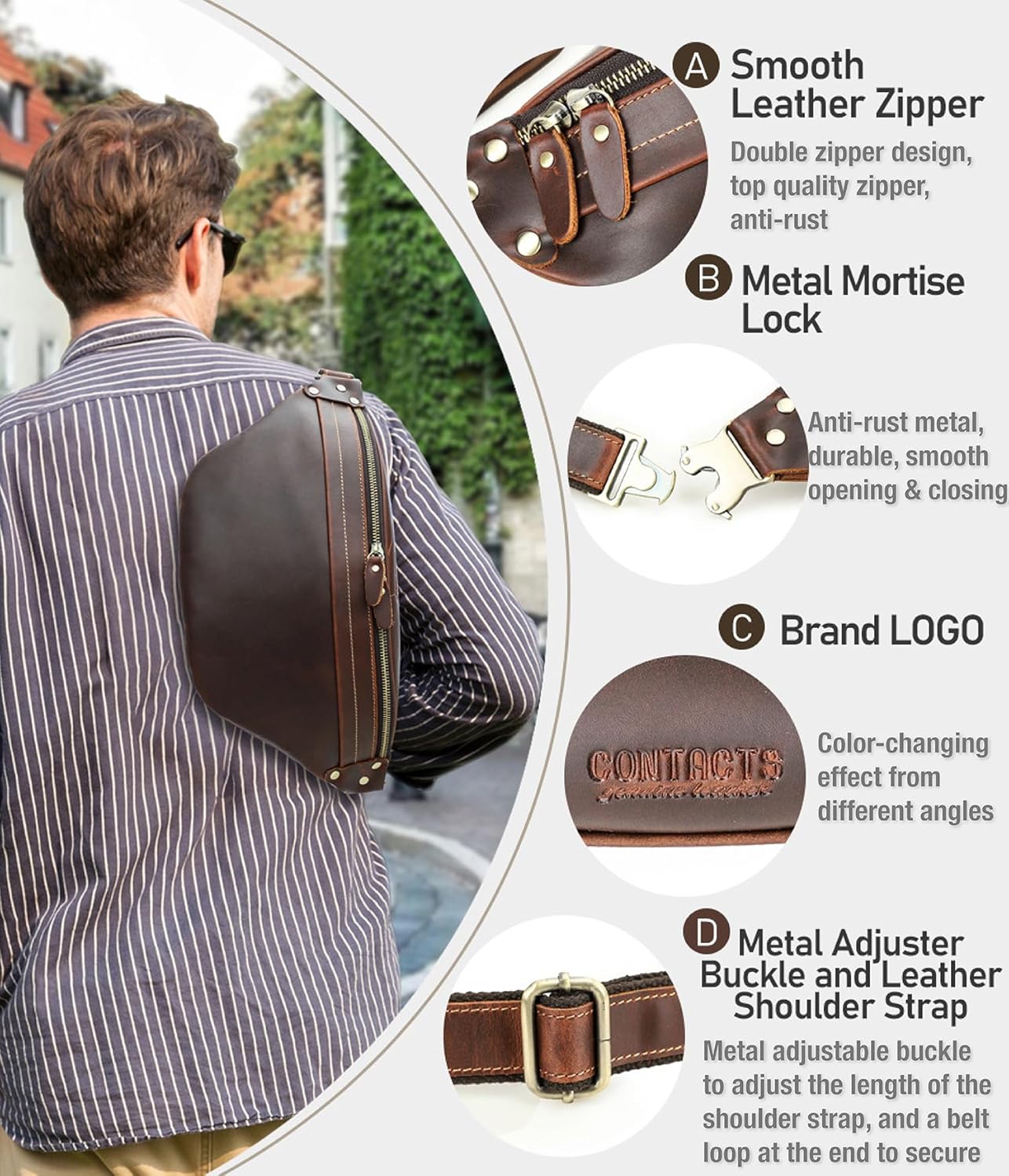 Top Grain Genuine Leather Slim Fanny Pack for Man & Woman, Minimalist Vintage Design, Handmade with Detachable Hardware, Slim Waist Pack Large Crossbody Belt Bag for Traveling or Riding, Coffee - Image 7