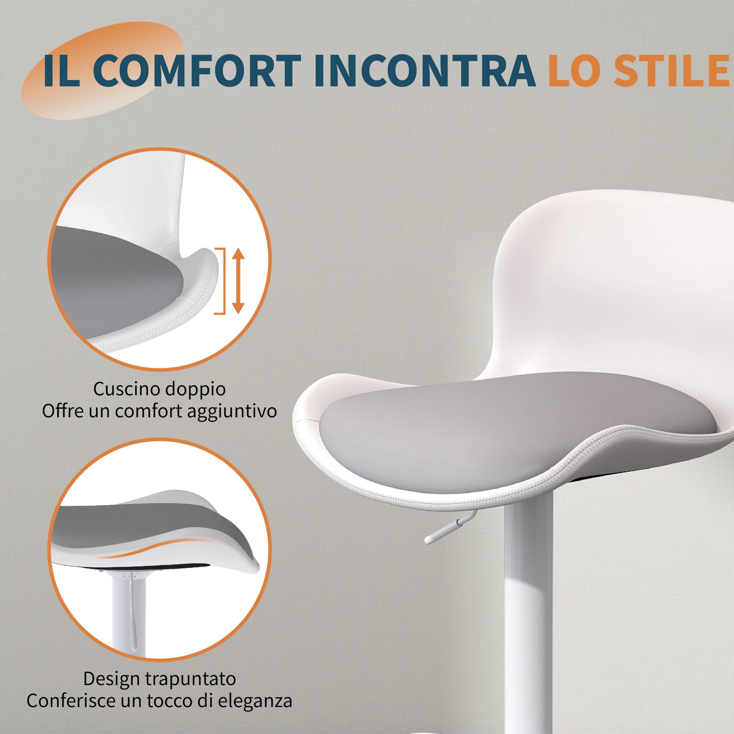 Flysky Sgabelli da bar Set di 3, Sedia girevole a 360°, regolabile in altezza, Sgabello da bar con schienale e poggiapiedi, Sgabello da cucina in similpelle 120kg, Bianco/grigio