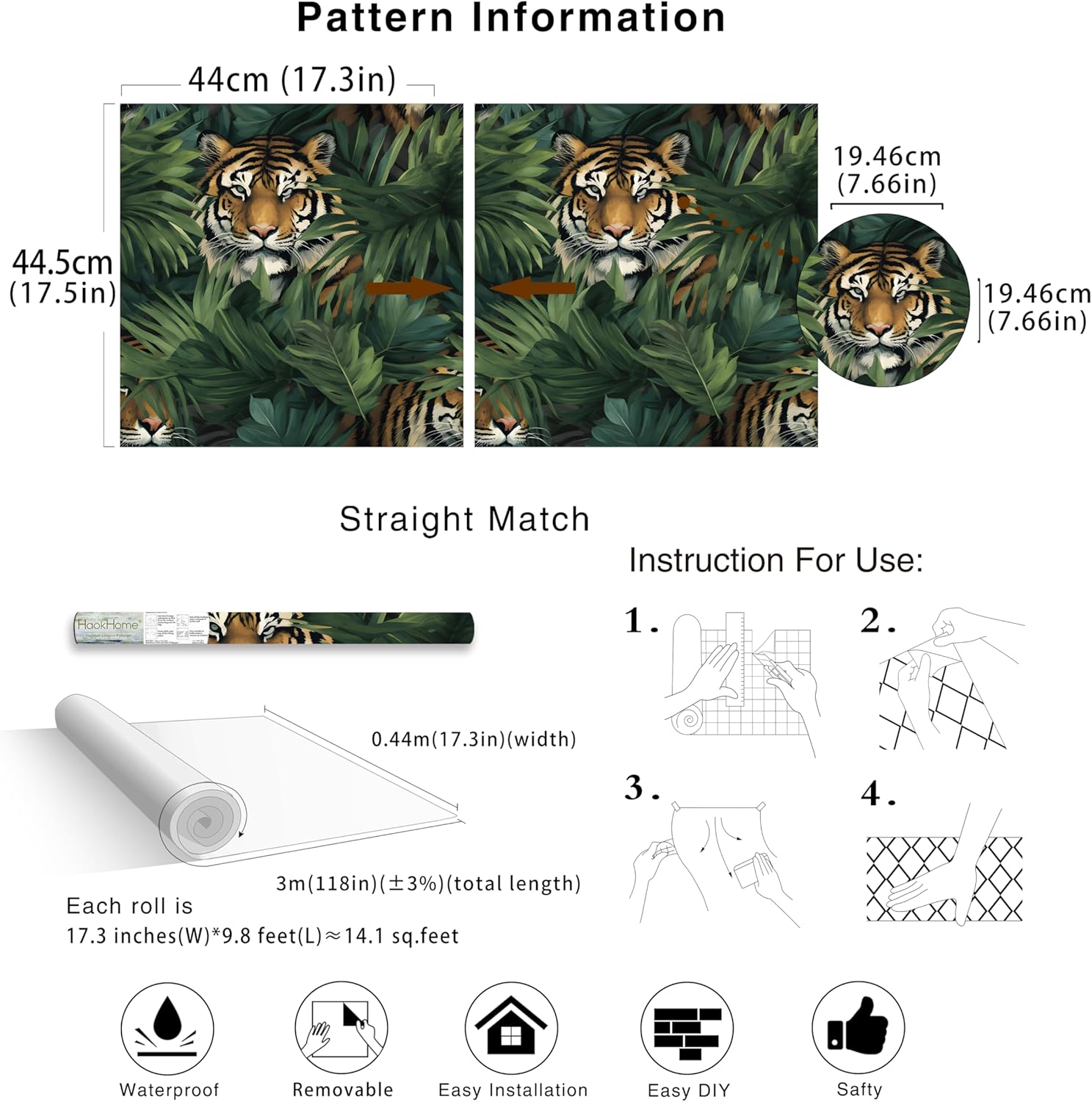 HAOKHOME Tropical Peel and Stick Wallpaper Jungle Tiger Leaf Plam Animal Removable Stick on Contact Paper for Home Decor Green/Brown 17.3in x 9.8ft