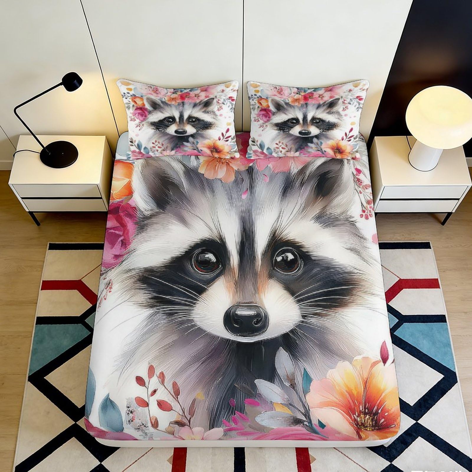3D Printed Raccoon Floral Fitted Sheet Microfiber Soft Durable Animal Bed Sheet for Bedroom Dorm Mattress Protection 90x200x25cm
