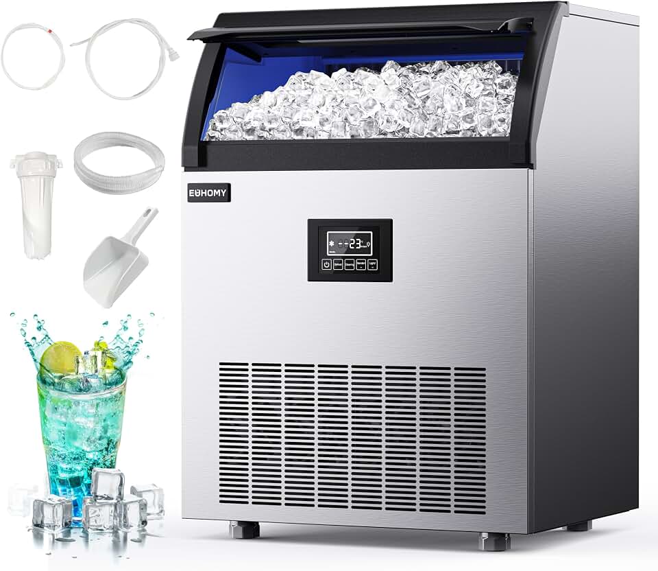 EUHOMY Commercial Ice Maker,350lbs/24H,Stainless Steel Under Counter Ice Machine with Water Filter,44lbs Storage Capacity, 126 Cubes in 8-12 Mins, Freestanding Ice Machine for Home/Bar/Cafe/Restaurant