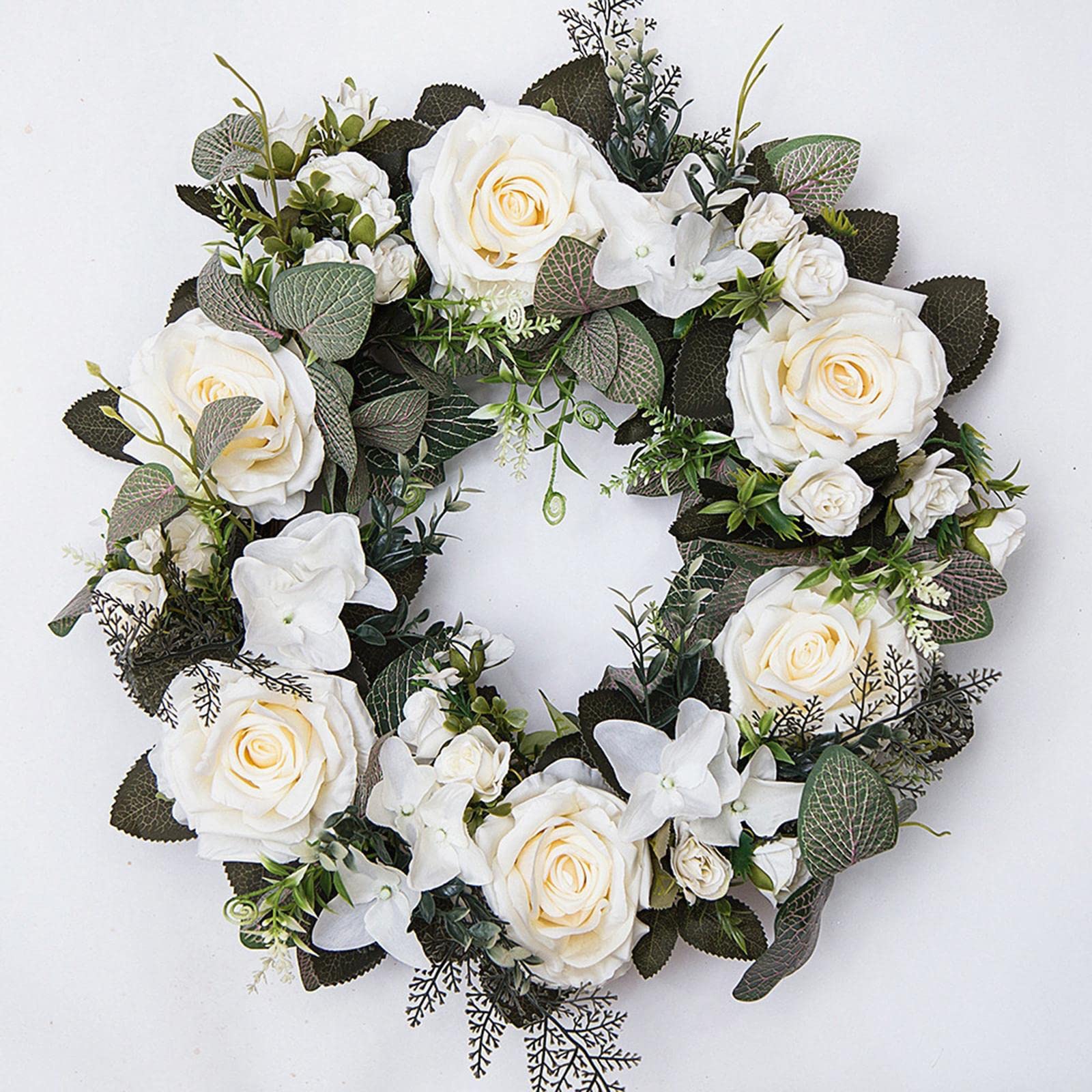 predolo 45 cm Künstlicher Blumenkranz für die Tür, Künstliche Rose Kranz für Haustür, Realistischer Blumen Türkranz Seidenblume Saisonale Kränze - Schöne Dekoration für Hochzeiten und Feste, Weiß