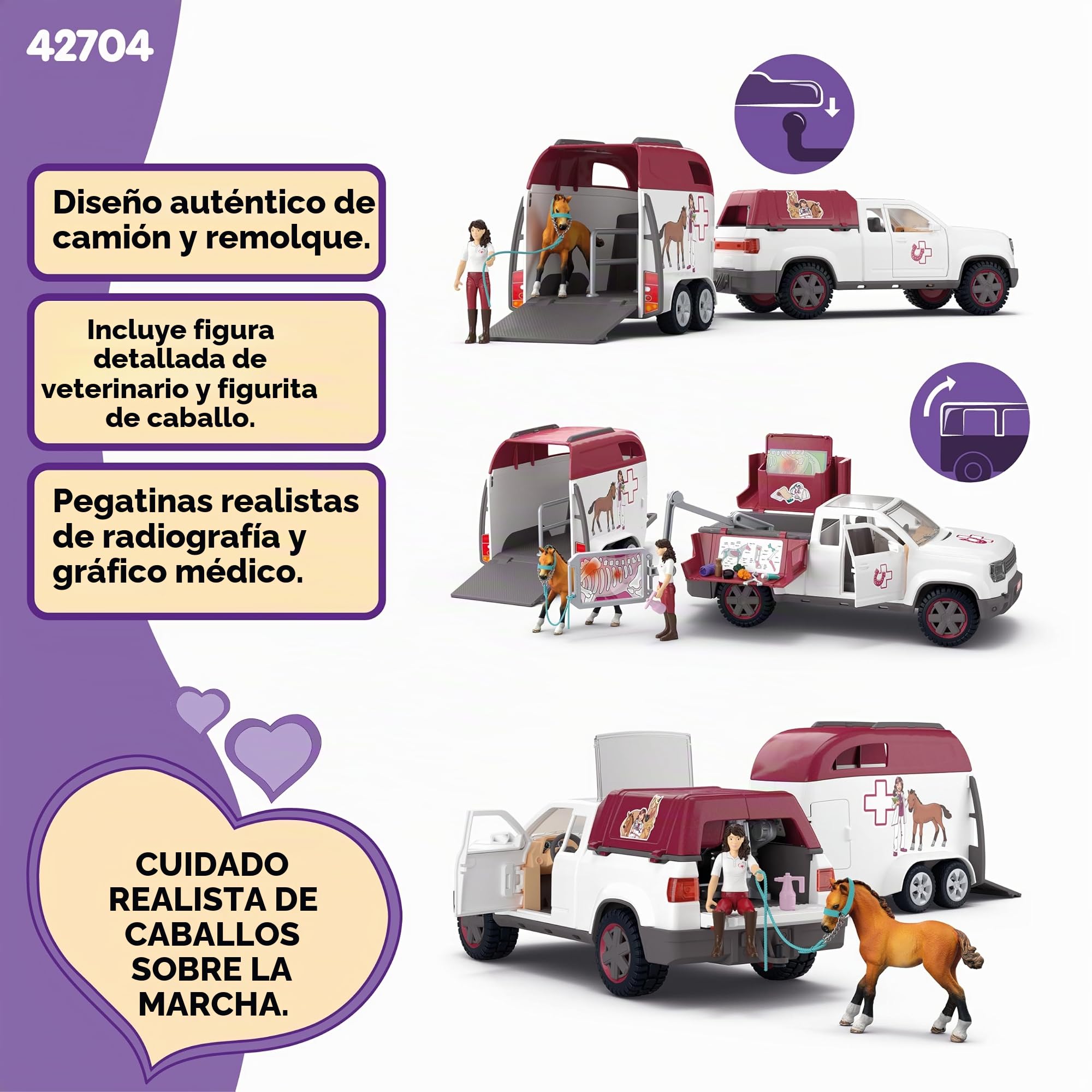schleich HORSE CLUB | Veterinaria móvil con remolque 42704 | Set con Pick-up y remolque, 1 caballo, figura móvil y accesorios | Regalo ideal para niños y niñas | Juguete a partir de 5 años | 90 piezas