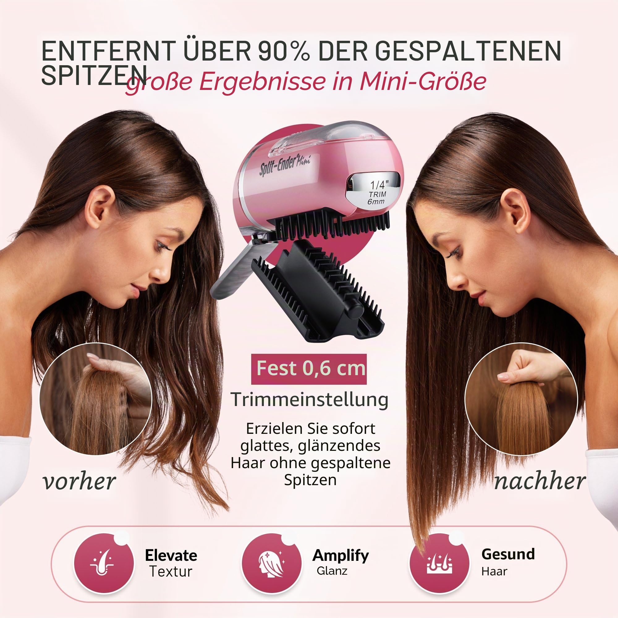 Split Ender Mini - Haarschneider für gespaltene Spitzen | Für trockenes, strapaziertes, brüchiges, glattes, lockiges und krauses Haar | Haarpflege- und Schönheitsstyling-Werkzeuge - Hellrosa