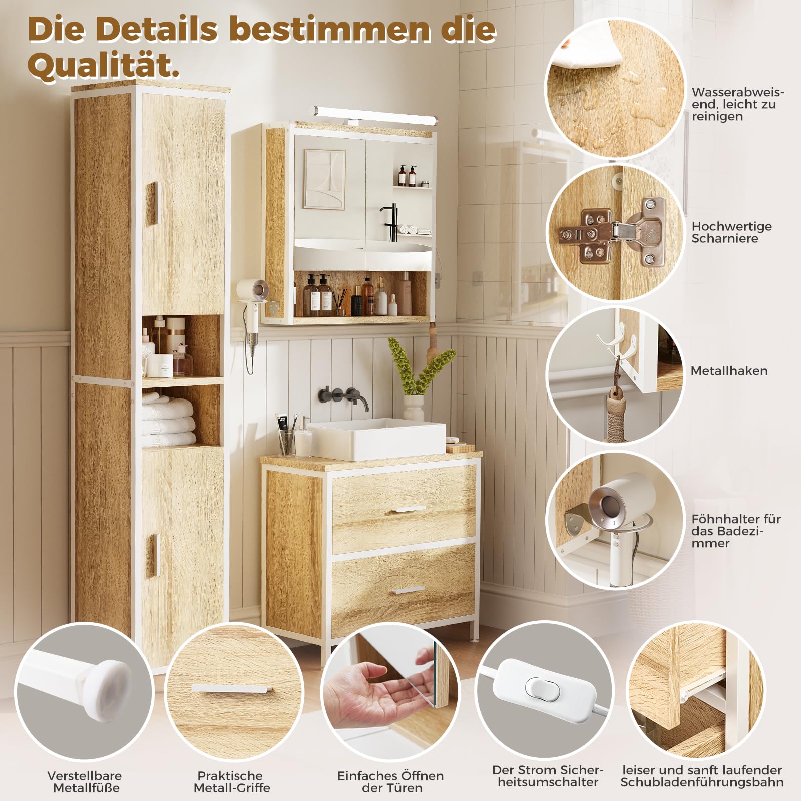 ELUCHANG Badmöbel Set 3,Waschbeckenunterschrank und Spiegelschrank Bad mit Beleuchtung und Hochschrank,Badezimmer Set 60cm,mit Schubladen,Verstellbare Ablage Badezimmermöbel Komplett,Oak+Weiß