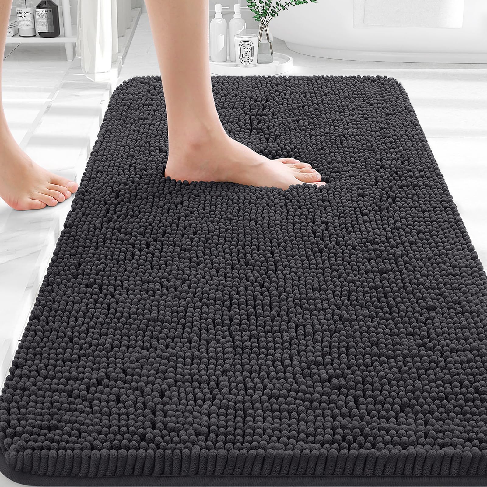 OLANLY Small Bathroom Rugs 30x18, Extra Soft Absorbent Chenille Bath Rugs | Dark Grey, Quick-Drying Rubber Backing, Machine Washable Bath Mat for Bathroom Floor, Tub and Shower, Home Decor Accessories