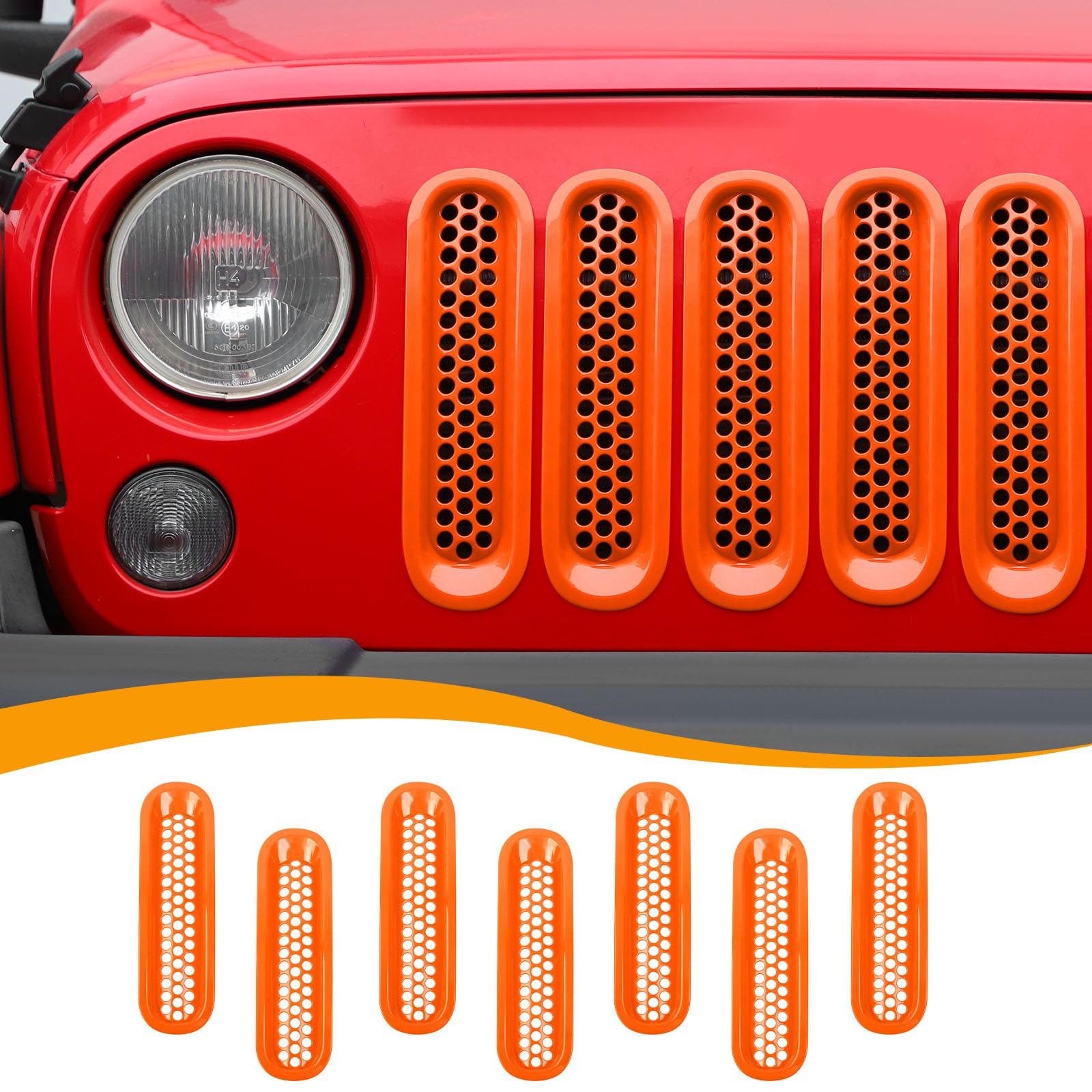 Hoolcar Front Grill Mesh Inserts Clip-in Honeycomb Grille Guard Cover Fit for Jeep Wrangler JK JKU 2007-2017, Exterior Accessories, Orange