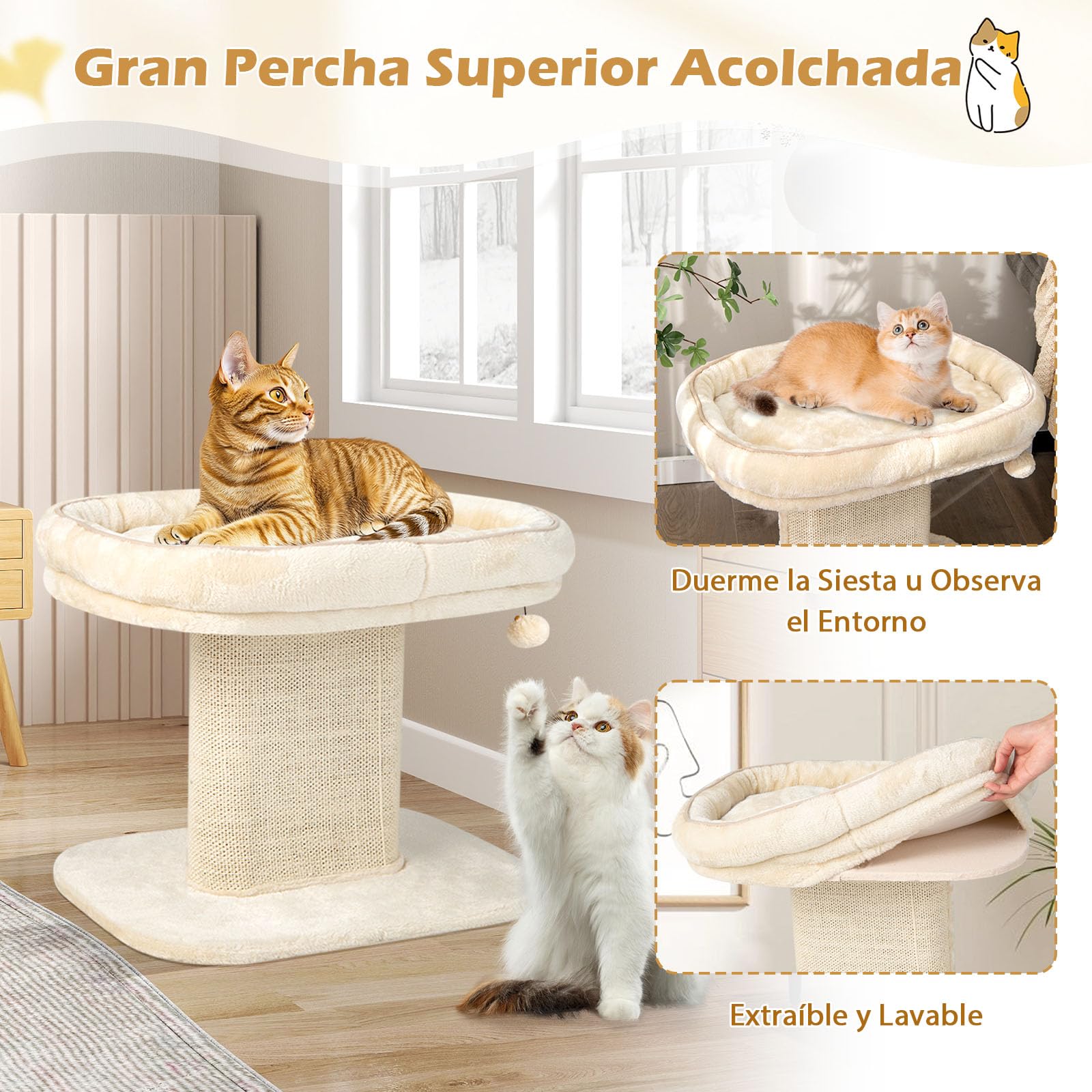 GYMAX Árbol Rascador de 50 cm de Alto para Gatos, Árbol de Escalada con Asiento de Felpa Suave, con Columna de Sisal y Pelota, Árbol de Actividad y Árbol de Juegos, para Pequeño Gato, Beige
