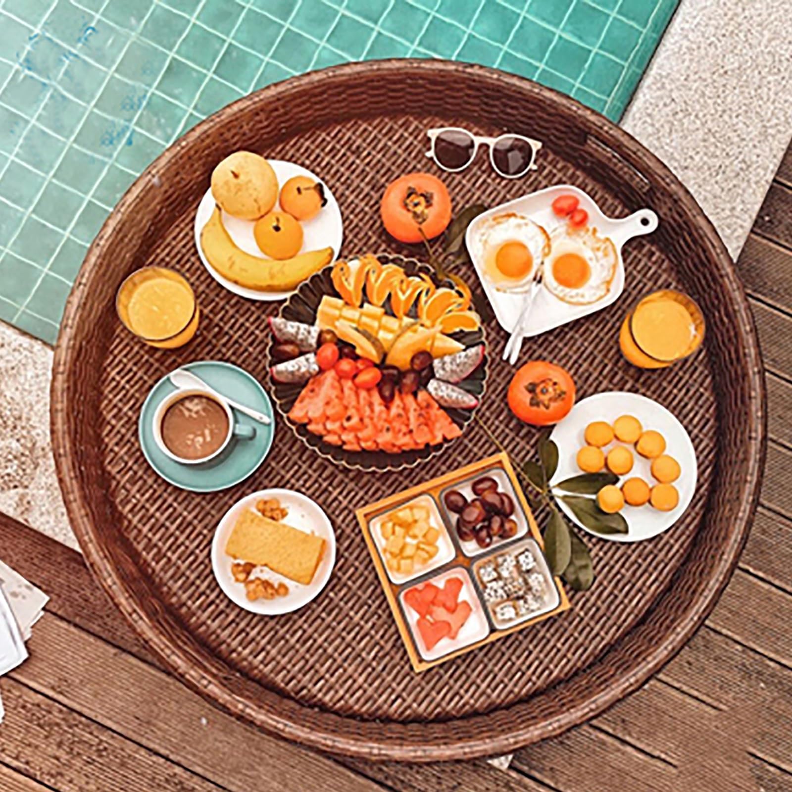 bandejas flotantes. Bandeja Flotante Redonda de ratán Tejido for Piscina, Barra Flotante for Piscina, portavasos Flotante de Lujo for Superficie de Agua(Brown,60cm/24in)