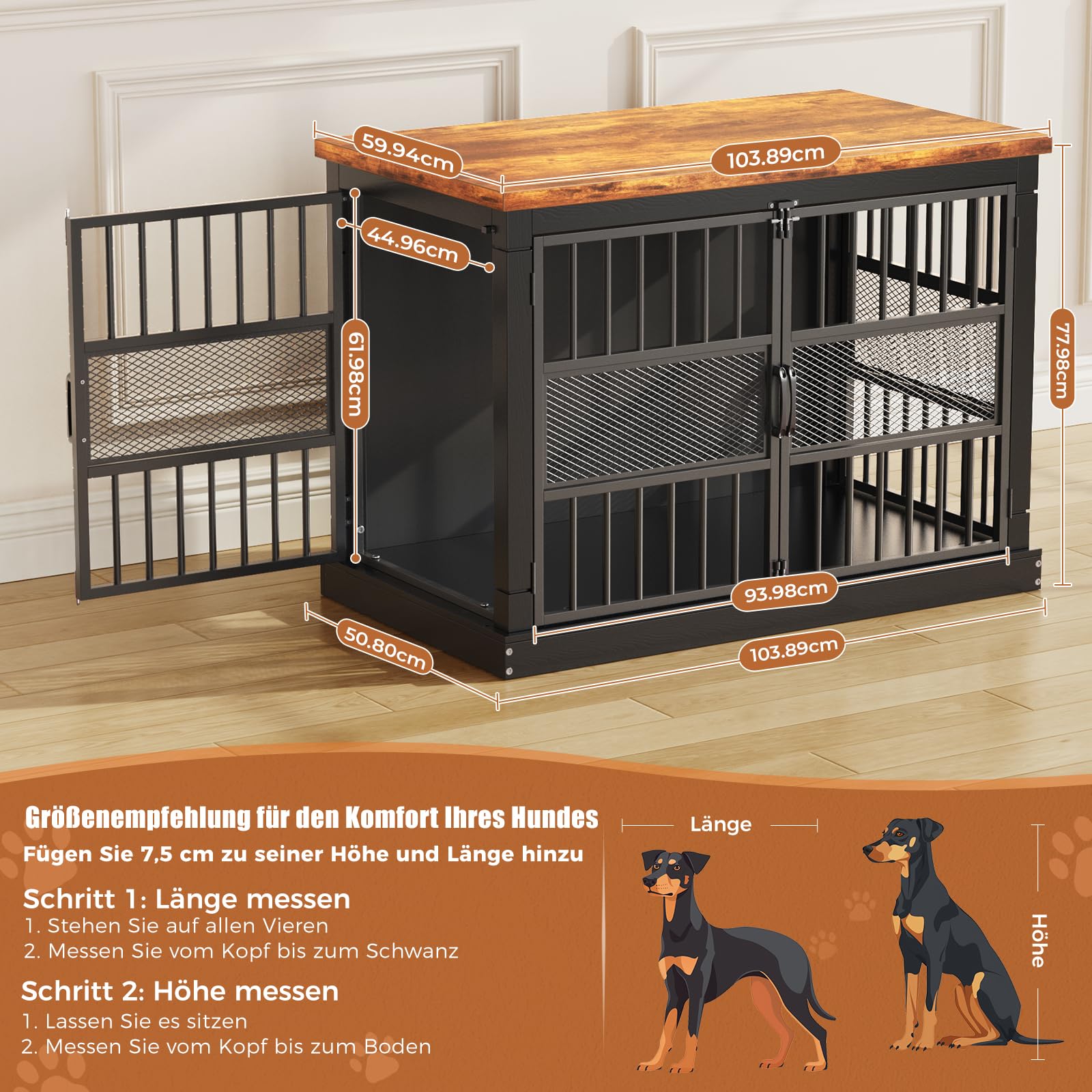 Hundekäfig Möbel, 104 cm Großer Hundebox für den Hausgebrauch, Modernes Indoor Holz-Hundekäfig, Doppel-Tür-Design, Bissfest, Geeignet für Kleine/Mittelgroße/Große Hunde, Schwarz, 104x51x78 cm
