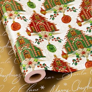Yarcony Vintage Christmas Wrapping Paper, Red ad Green Wrapping Paper, Cute Gingerbread House, Ornament Pattern Holiday Gift Wrap for Festive Gift Packaging, Seasonal Supplies (17Inch x 33Feet)