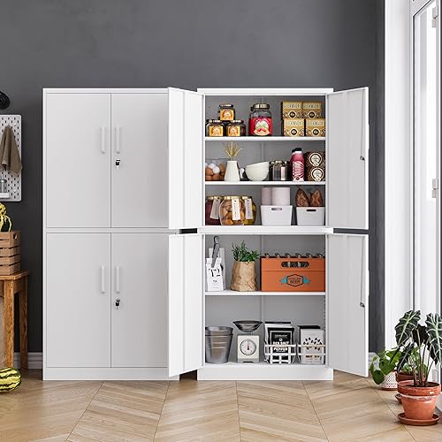 Miniatura 2 de MIIIKO Gabinete de almacenamiento de acero con 4 puertas, archivador de metal con cerradura, gabinete de almacenamiento de oficina blanco con 5