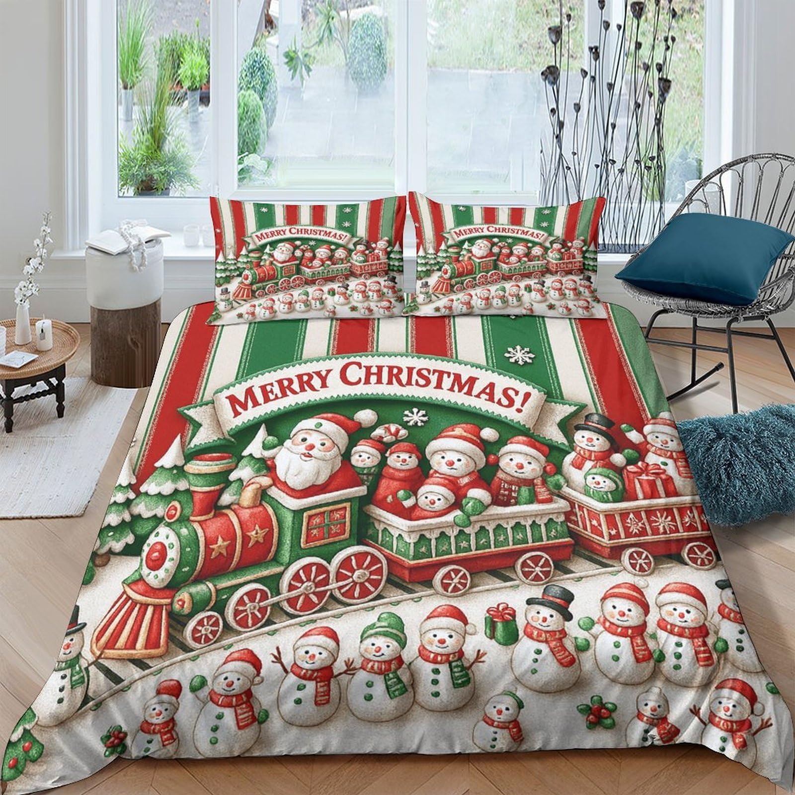 Ctjqhvkz Style-7 3D Printed Christmas Santa Train Fitted Sheet Microfiber Soft Red Green Snowman Bed Cover For Bedroom Dorm Mattress Protection Decor Single（135X200cm）