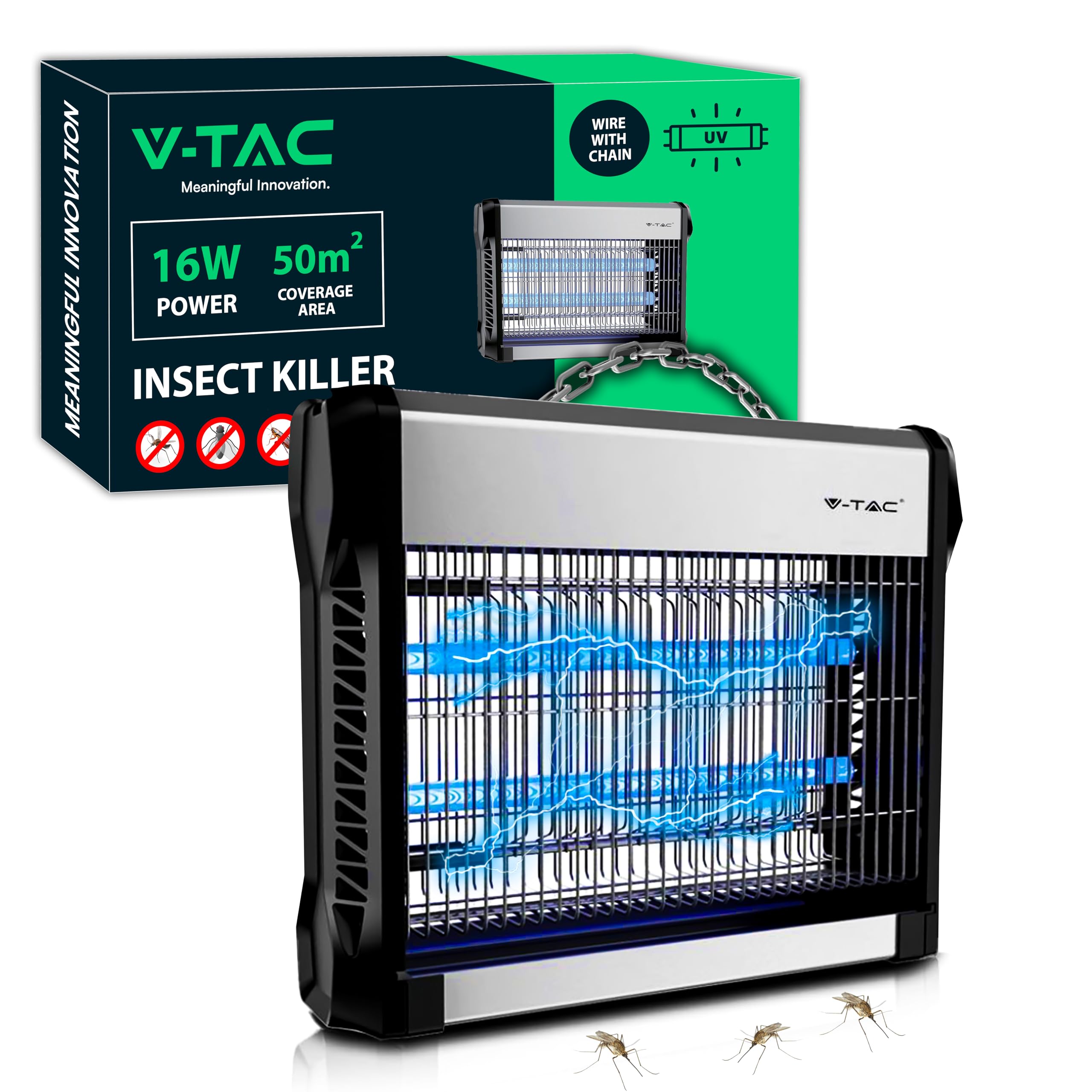 V-TAC Zanzariera Elettrica 16W con Area di Azione 50 m² - Design Sottile - Zanzariera con Luce Blu UV per Uso Interno ed Esterno - Trappola Elettrica contro Zanzare e Insetti - Potenza 16W