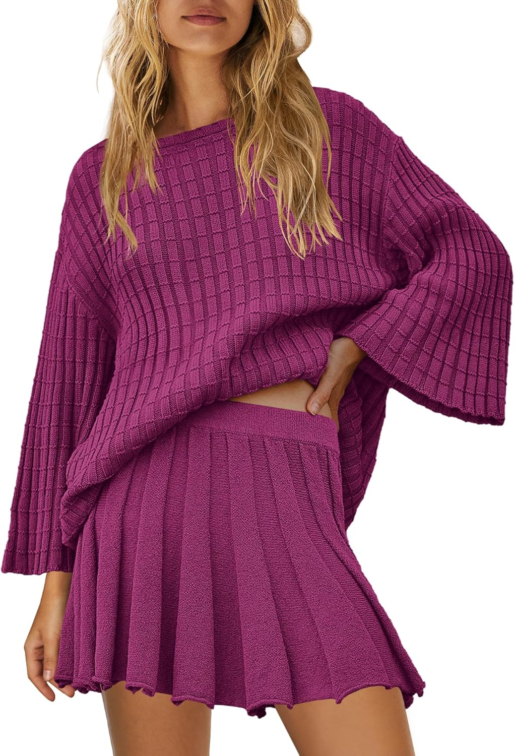 Yanekop Womens 2 Piece Sweater Skirt Set Loose Matching Lounge Sets Comfy Pajamas Set Long Sleeve Top and Skirt Sets